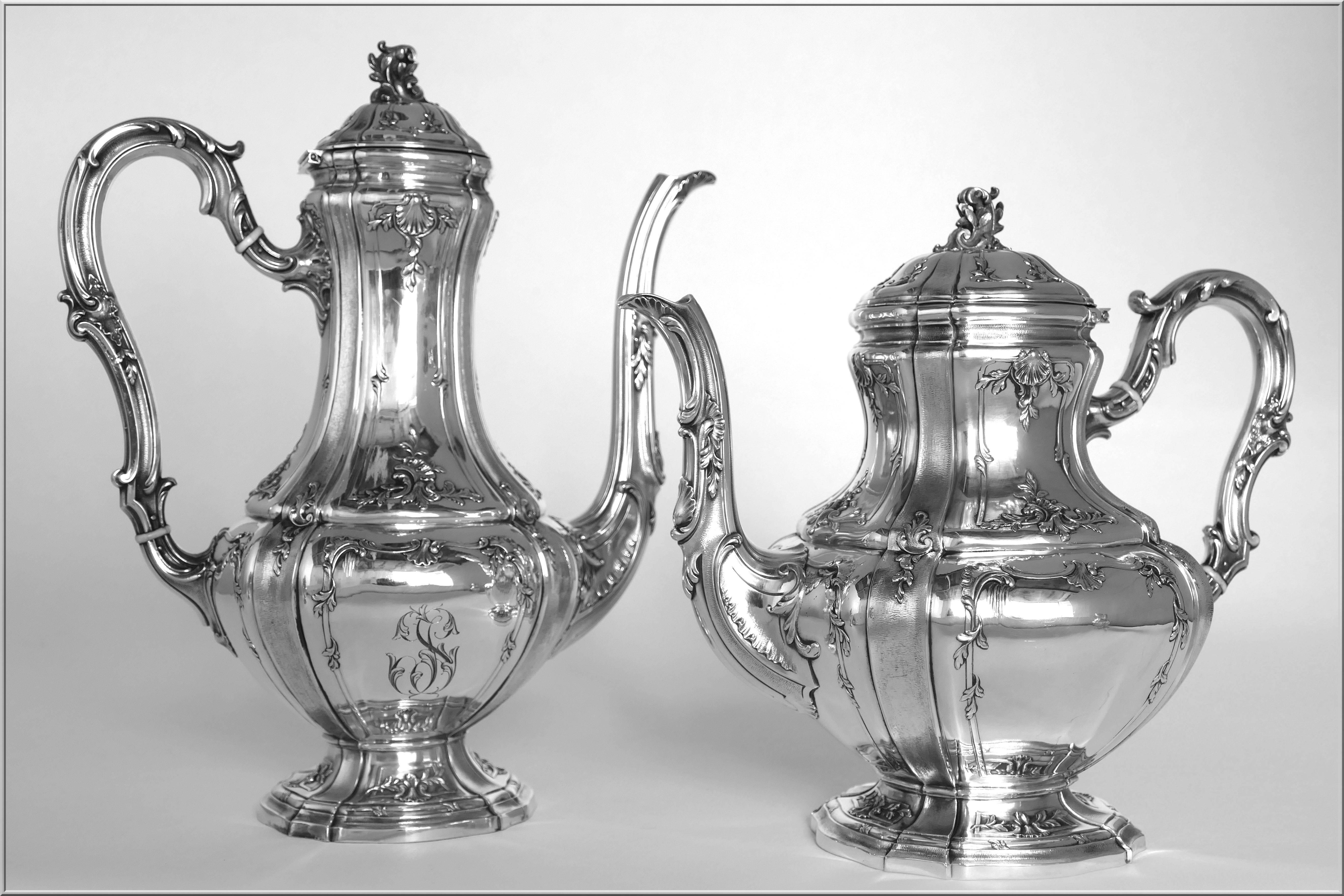 Boivin French Sterling Silver Gold 18-Karat Tea Coffee Set of Four-Piece Bacchus In Good Condition For Sale In TRIAIZE, PAYS DE LOIRE