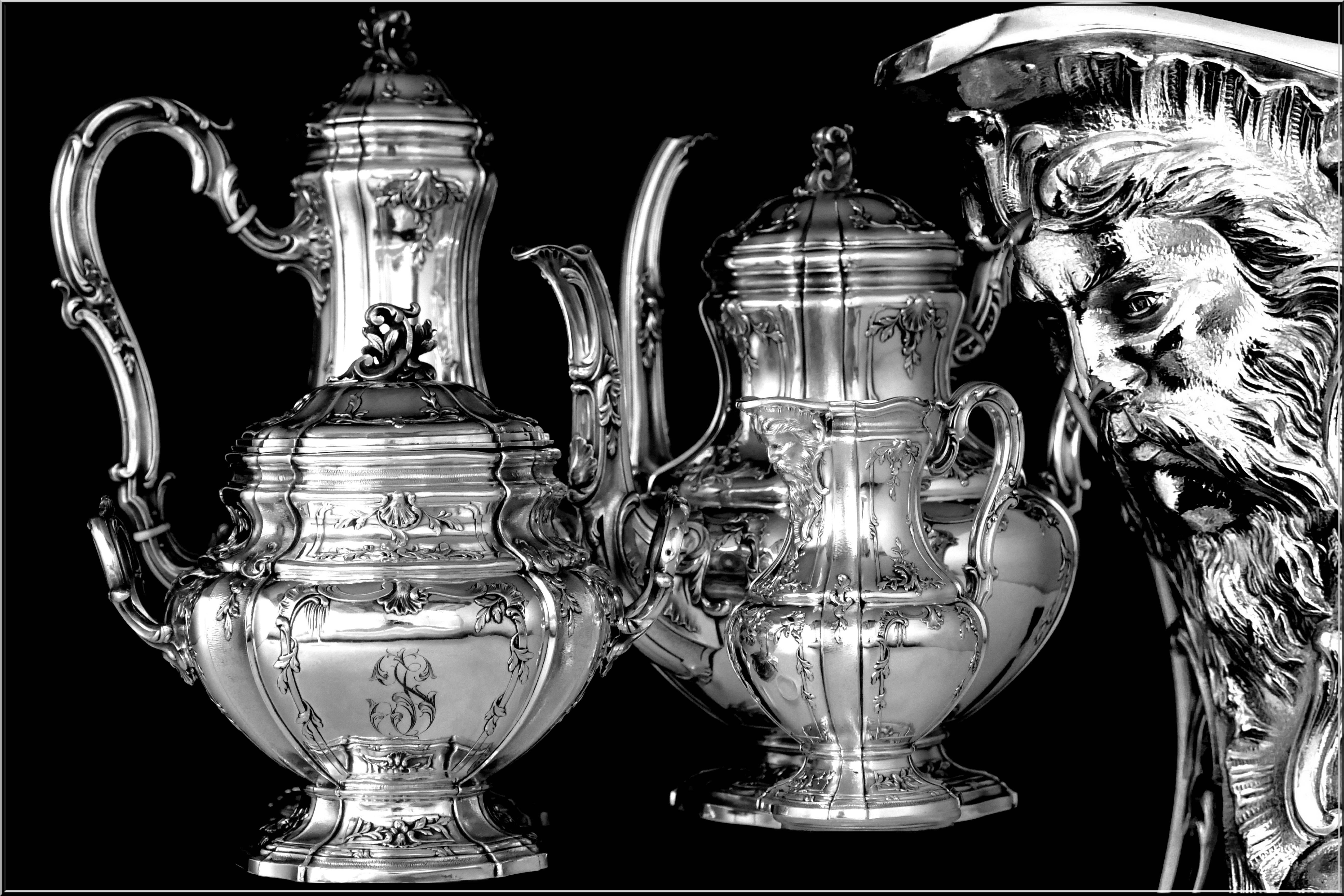 Late 19th Century Boivin French Sterling Silver Gold 18-Karat Tea Coffee Set of Four-Piece Bacchus For Sale