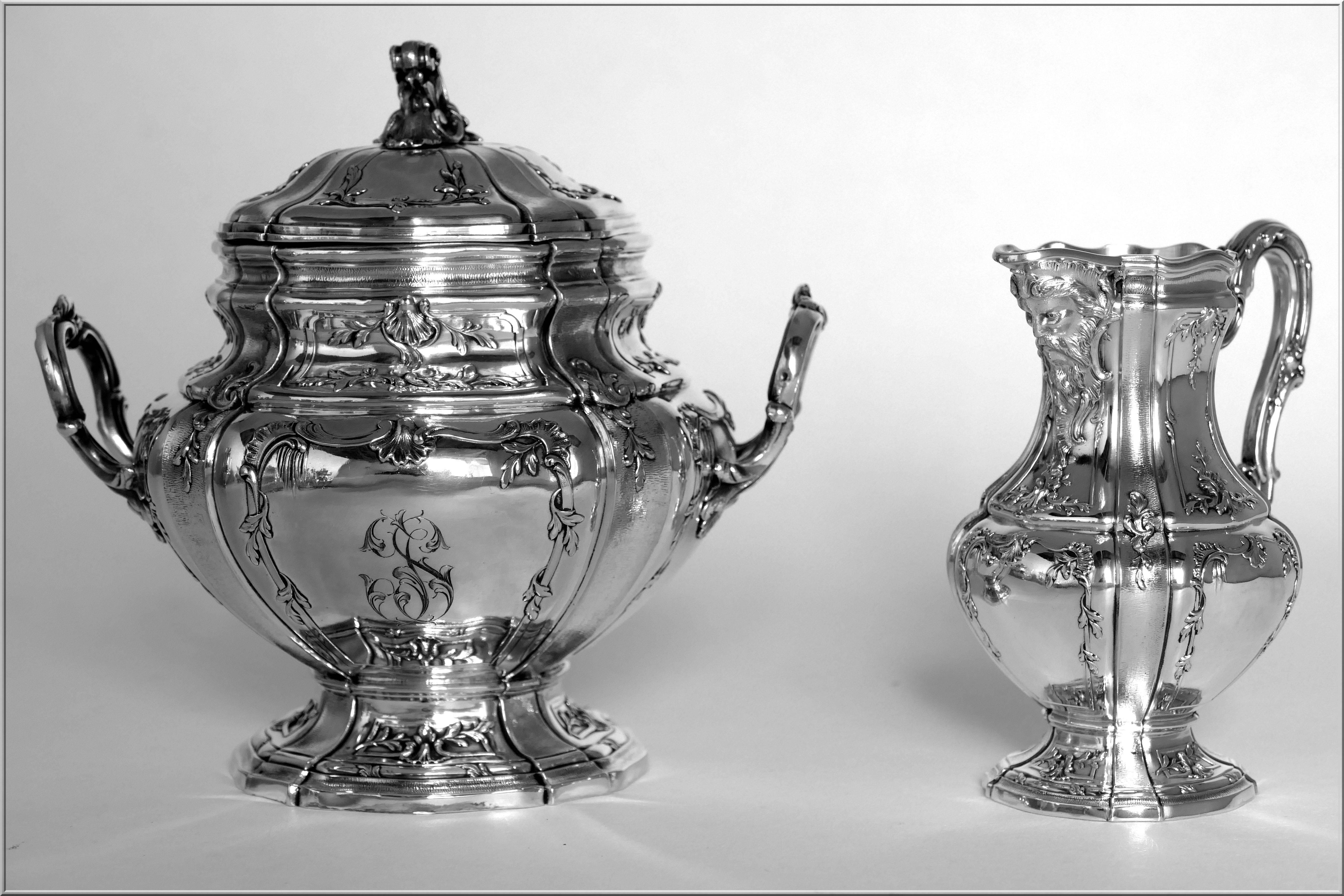 Boivin French Sterling Silver Gold 18-Karat Tea Coffee Set of Four-Piece Bacchus For Sale 1
