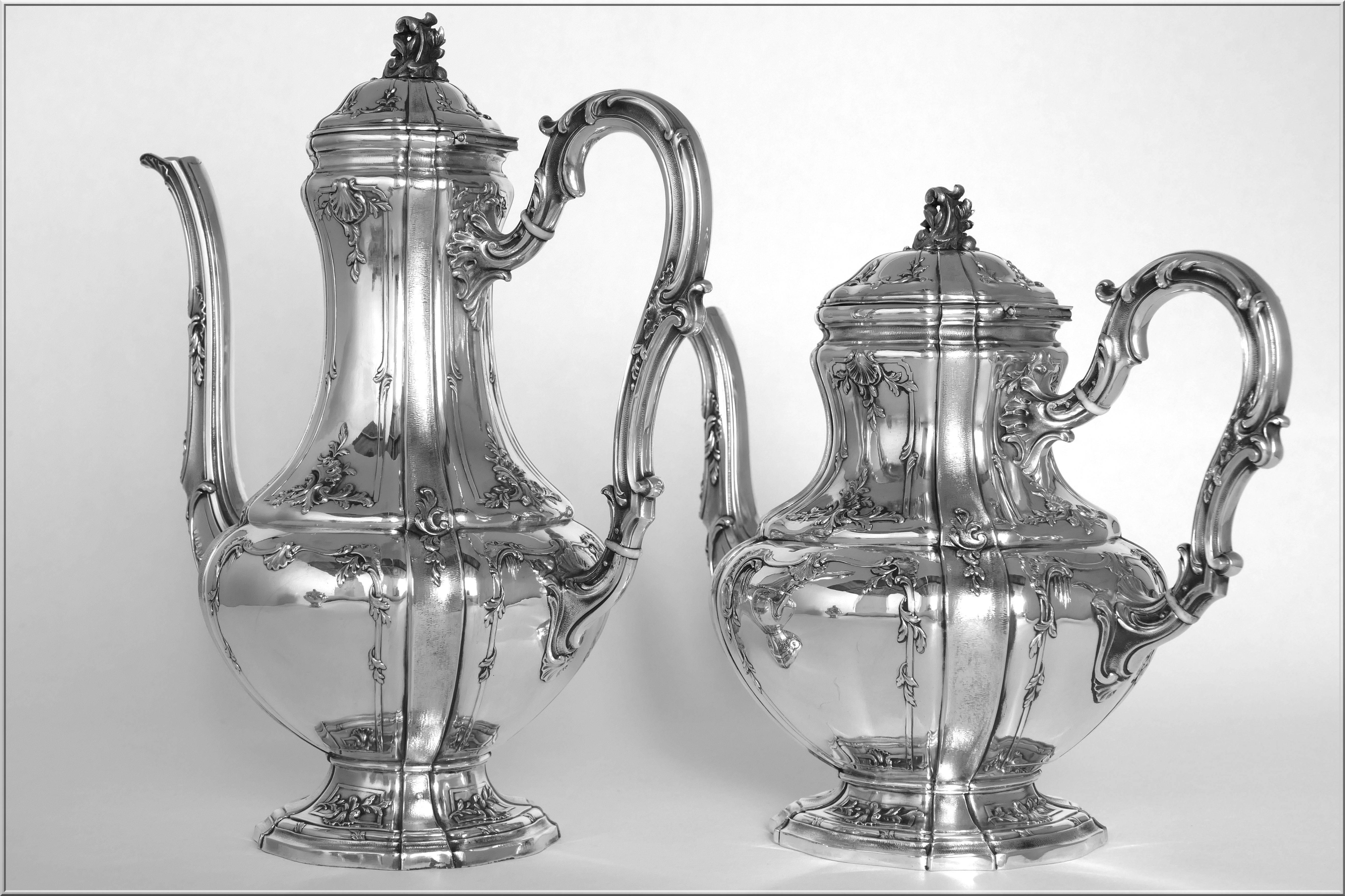 Boivin French Sterling Silver Gold 18-Karat Tea Coffee Set of Four-Piece Bacchus For Sale 2