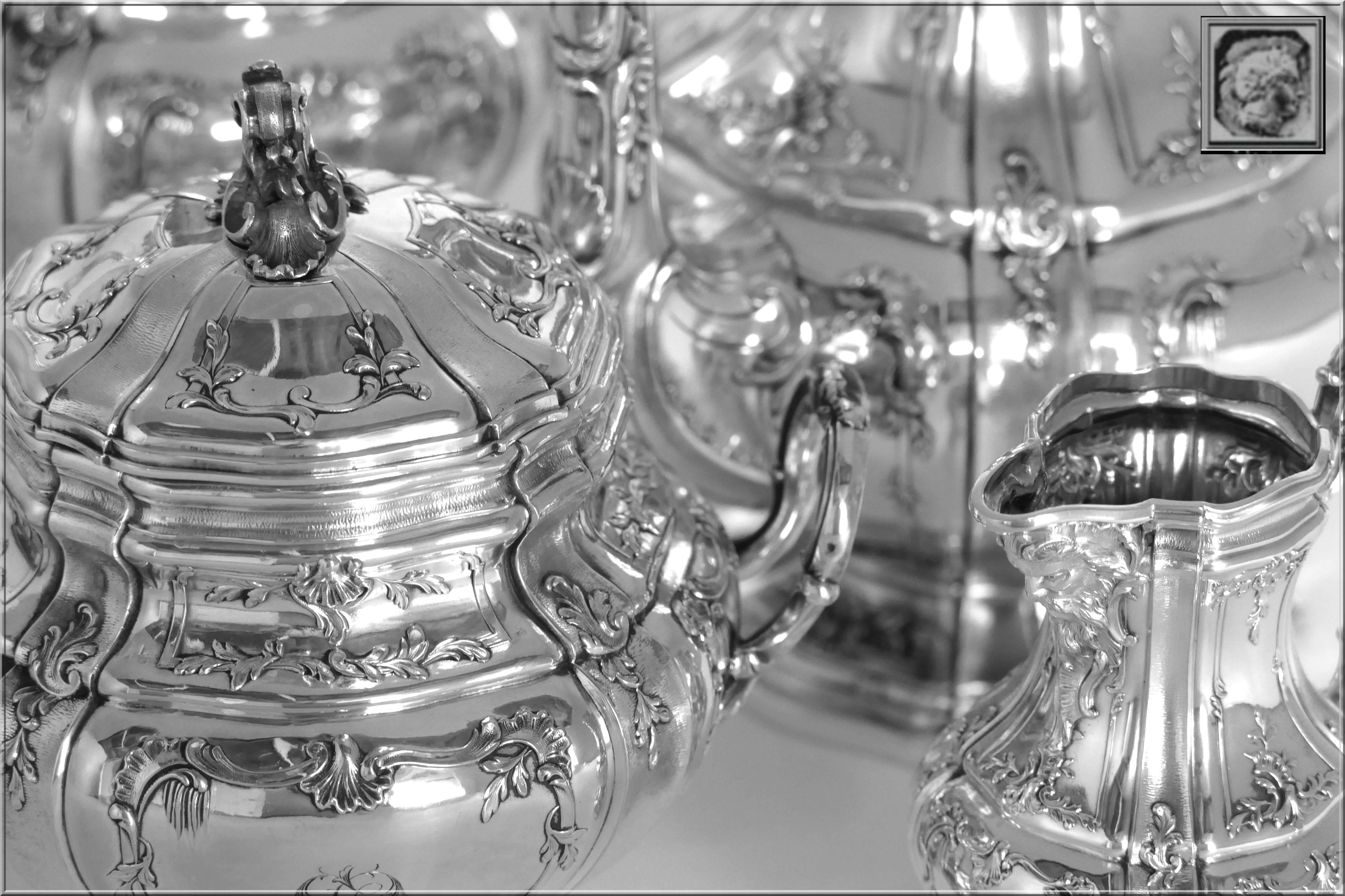 Boivin French Sterling Silver Gold 18-Karat Tea Coffee Set of Four-Piece Bacchus For Sale 3