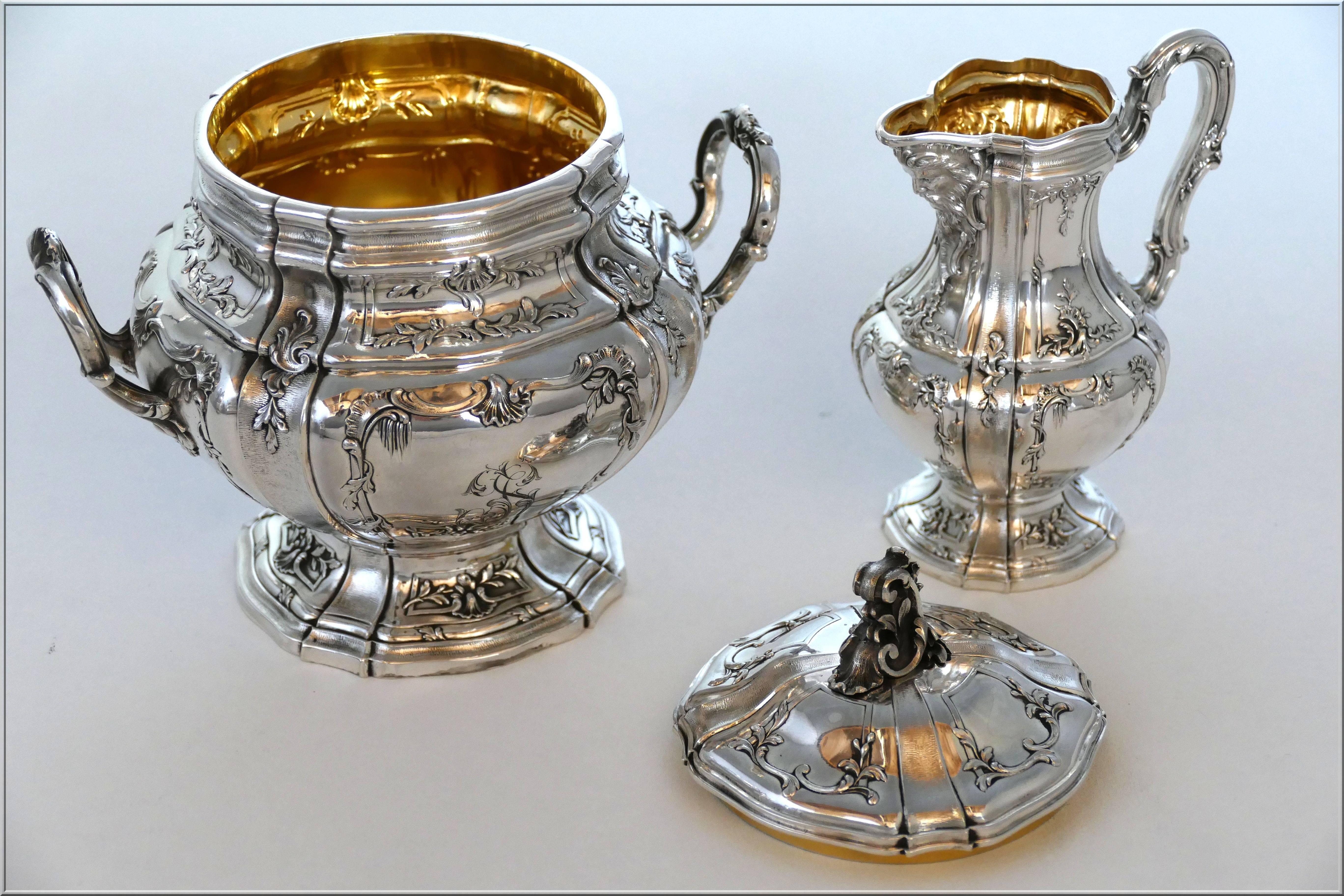 Boivin French Sterling Silver Gold 18-Karat Tea Coffee Set of Four-Piece Bacchus For Sale 4