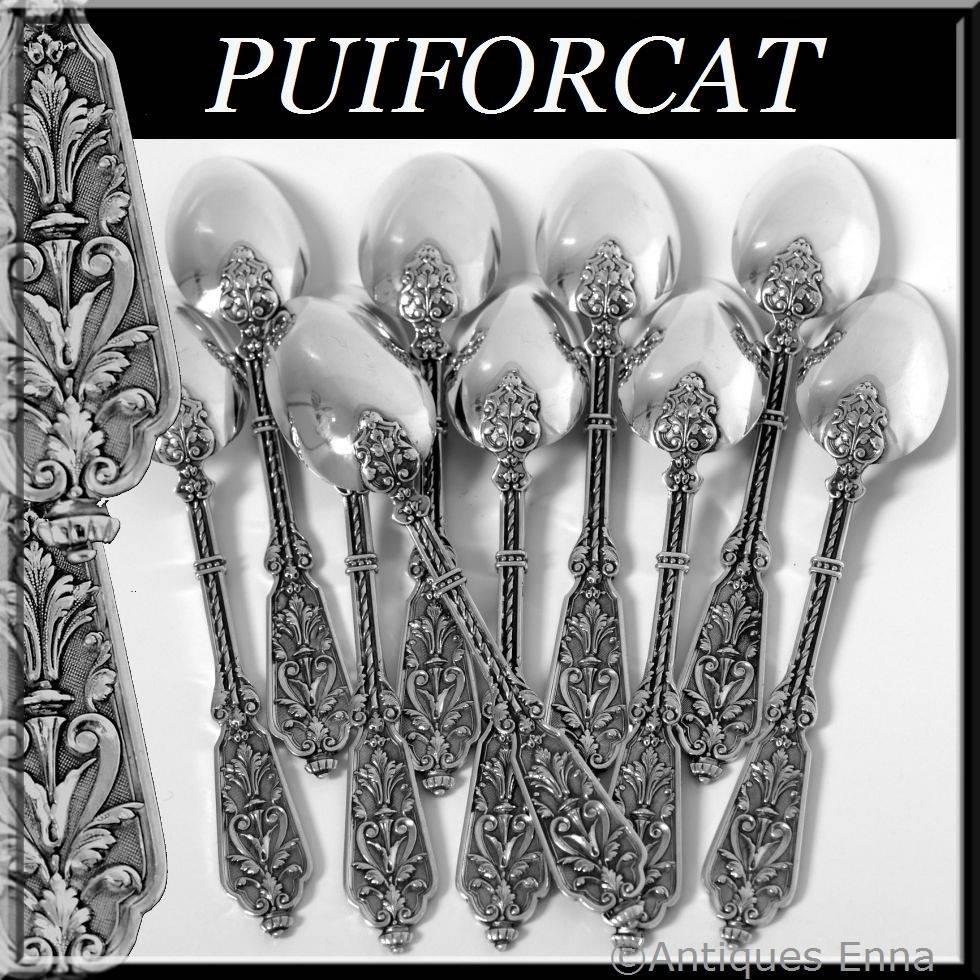 Puiforcat rare French sterling silver tea/coffee/dessert spoons set Renaissance.

Boar's Head for 800/1000 French sterling silver guarantee. 

Extremely rare model by Puiforcat. The stems and handles have foliage decoration in the Renaissance