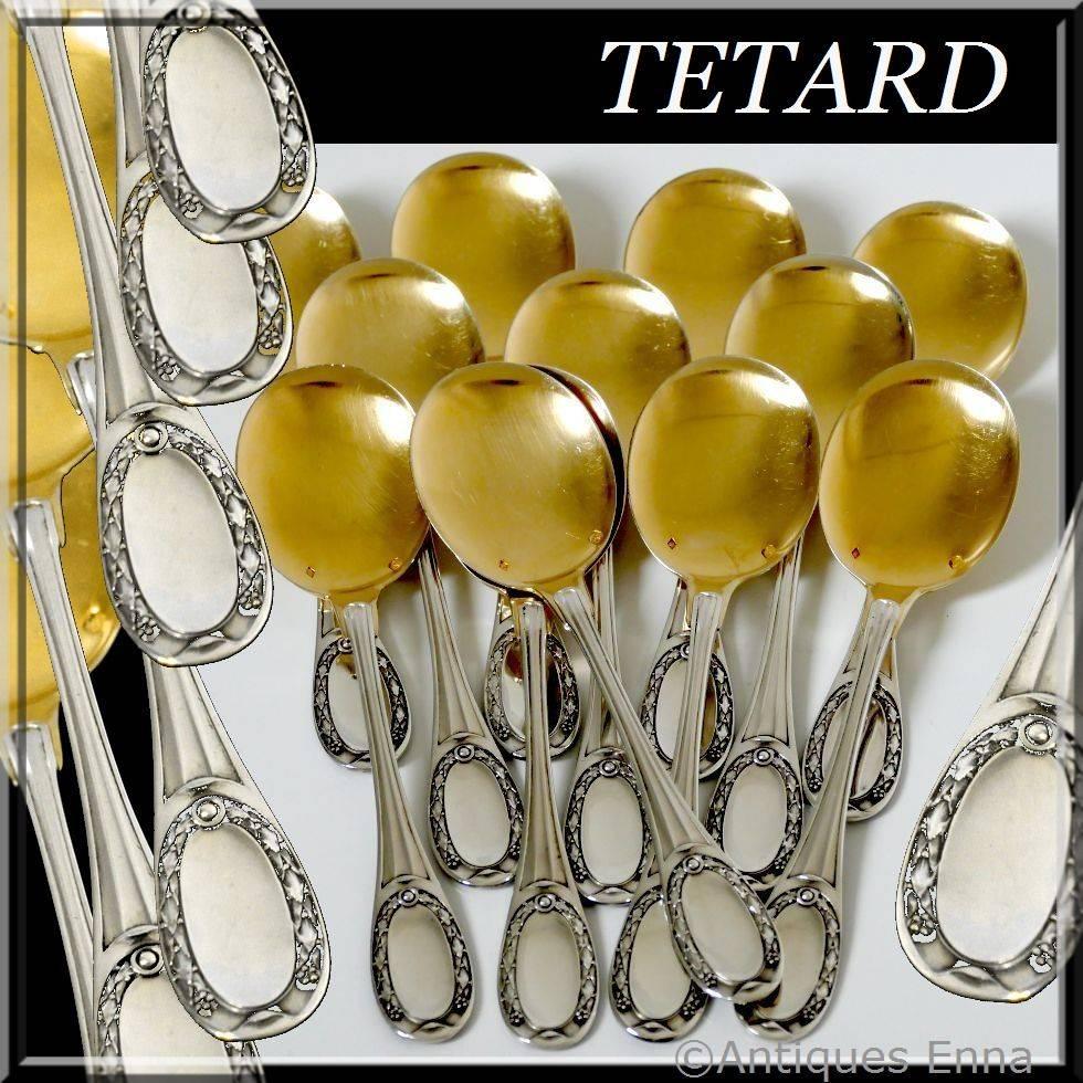 Tetard French Sterling Silver 18k Gold Ice Cream Spoons Set 12 pieces

Head of Minerve 1 st titre for 950/1000 French Sterling Silver Vermeil guarantee. The quality of the gold used to recover sterling silver is a minimum of 750 mils