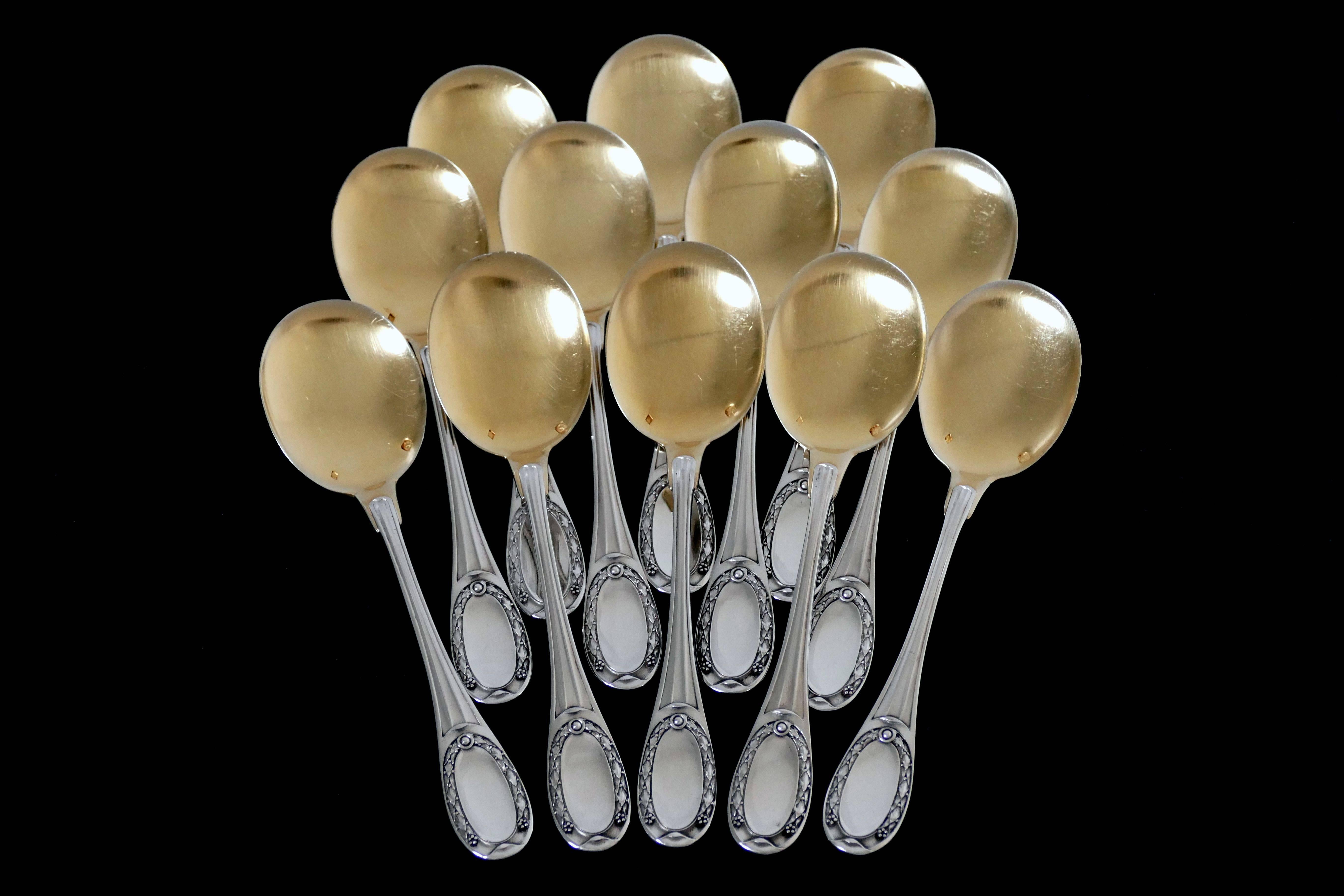 Tetard French Sterling Silver 18k Gold Ice Cream Spoons Set Neoclassical 2