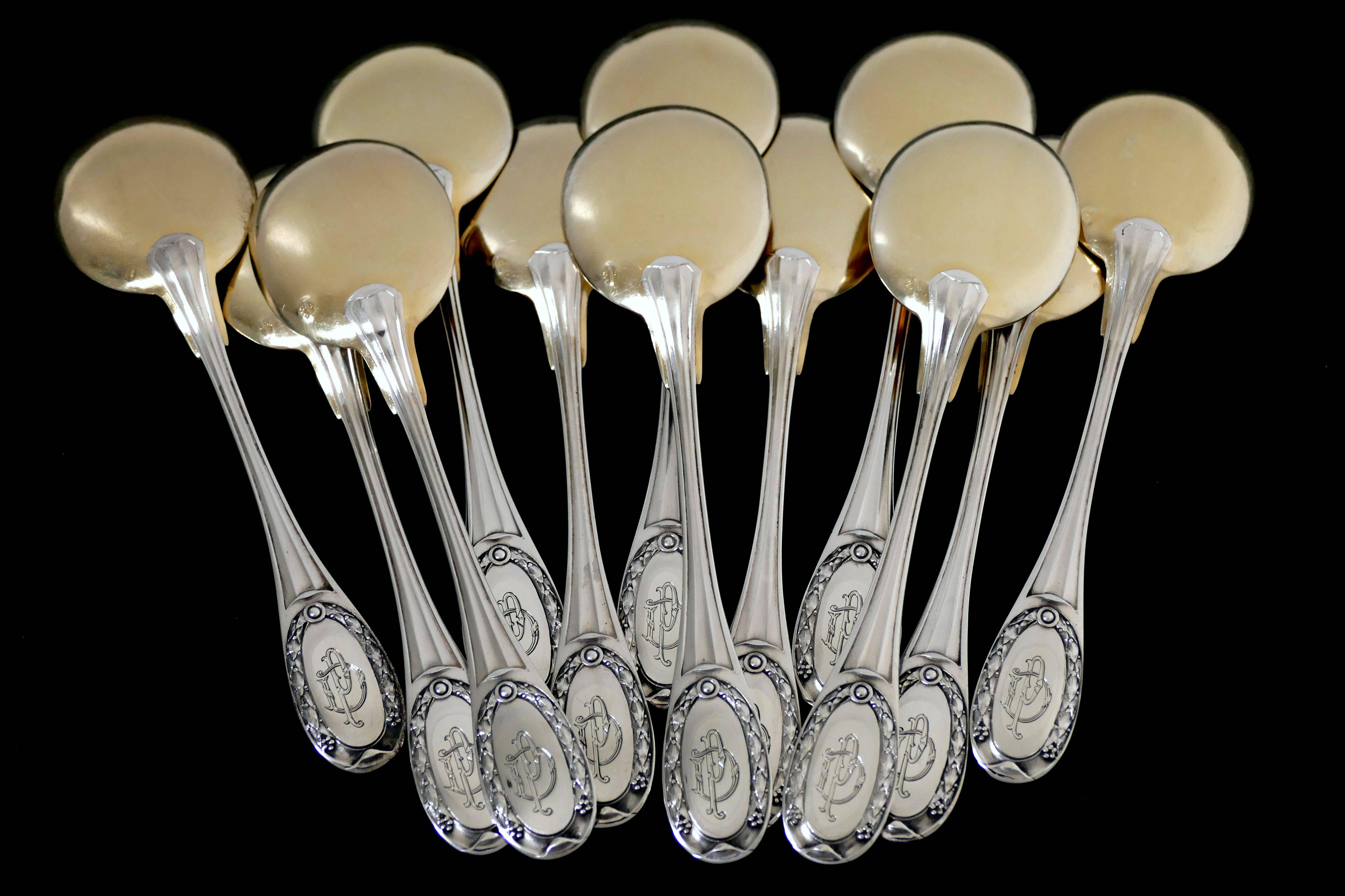 Tetard French Sterling Silver 18k Gold Ice Cream Spoons Set Neoclassical 4