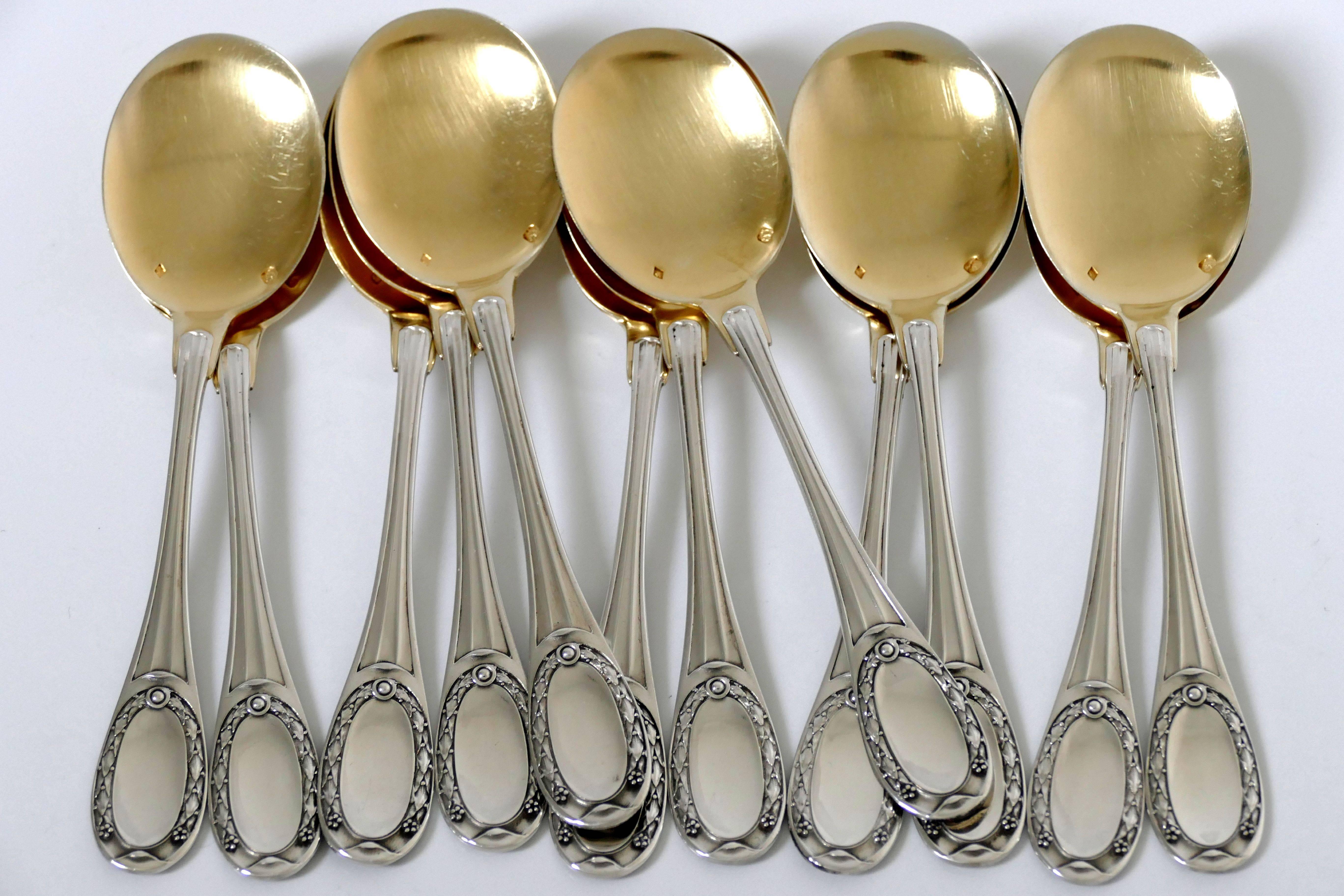 Tetard French Sterling Silver 18k Gold Ice Cream Spoons Set Neoclassical 6