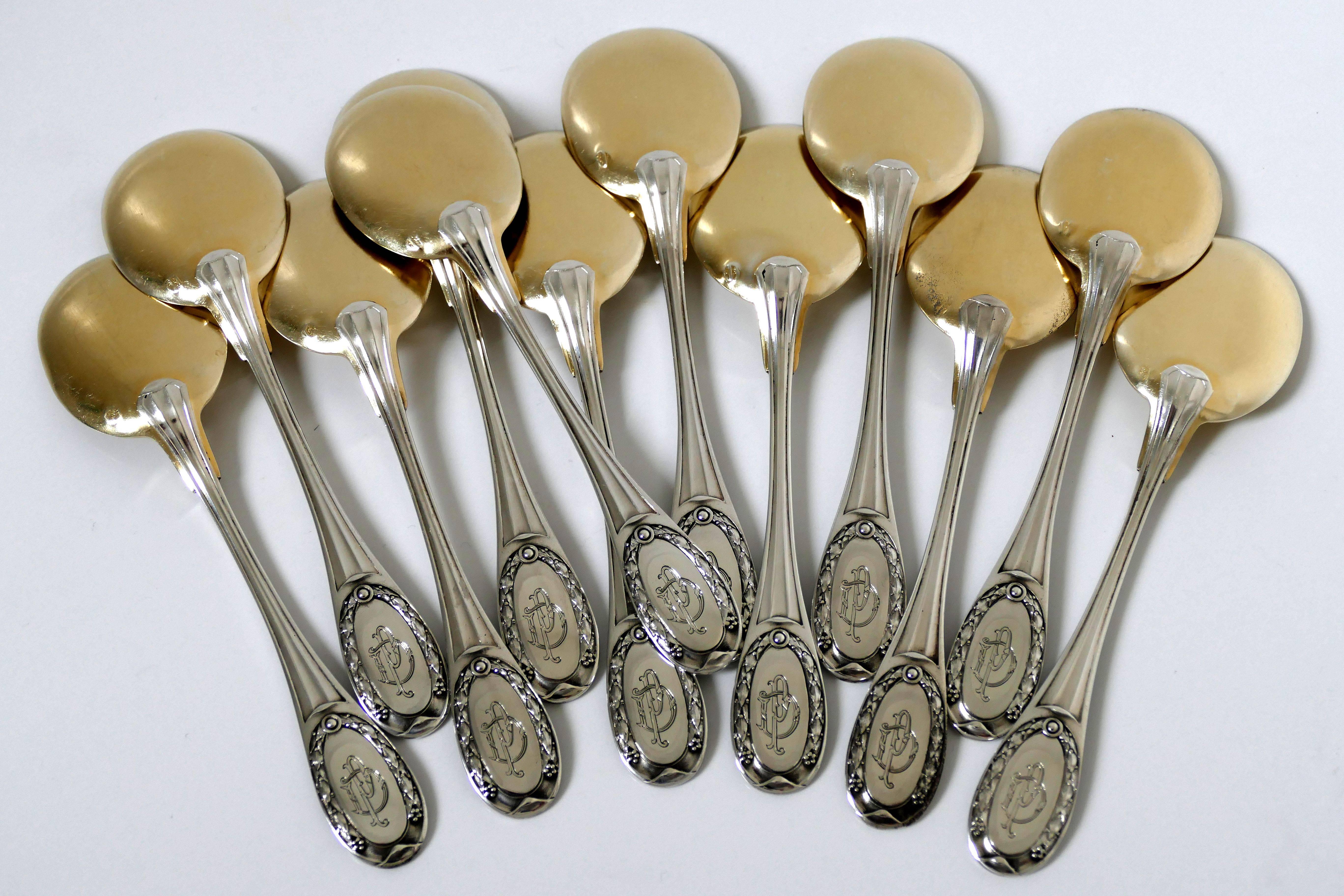 Early 20th Century Tetard French Sterling Silver 18k Gold Ice Cream Spoons Set Neoclassical
