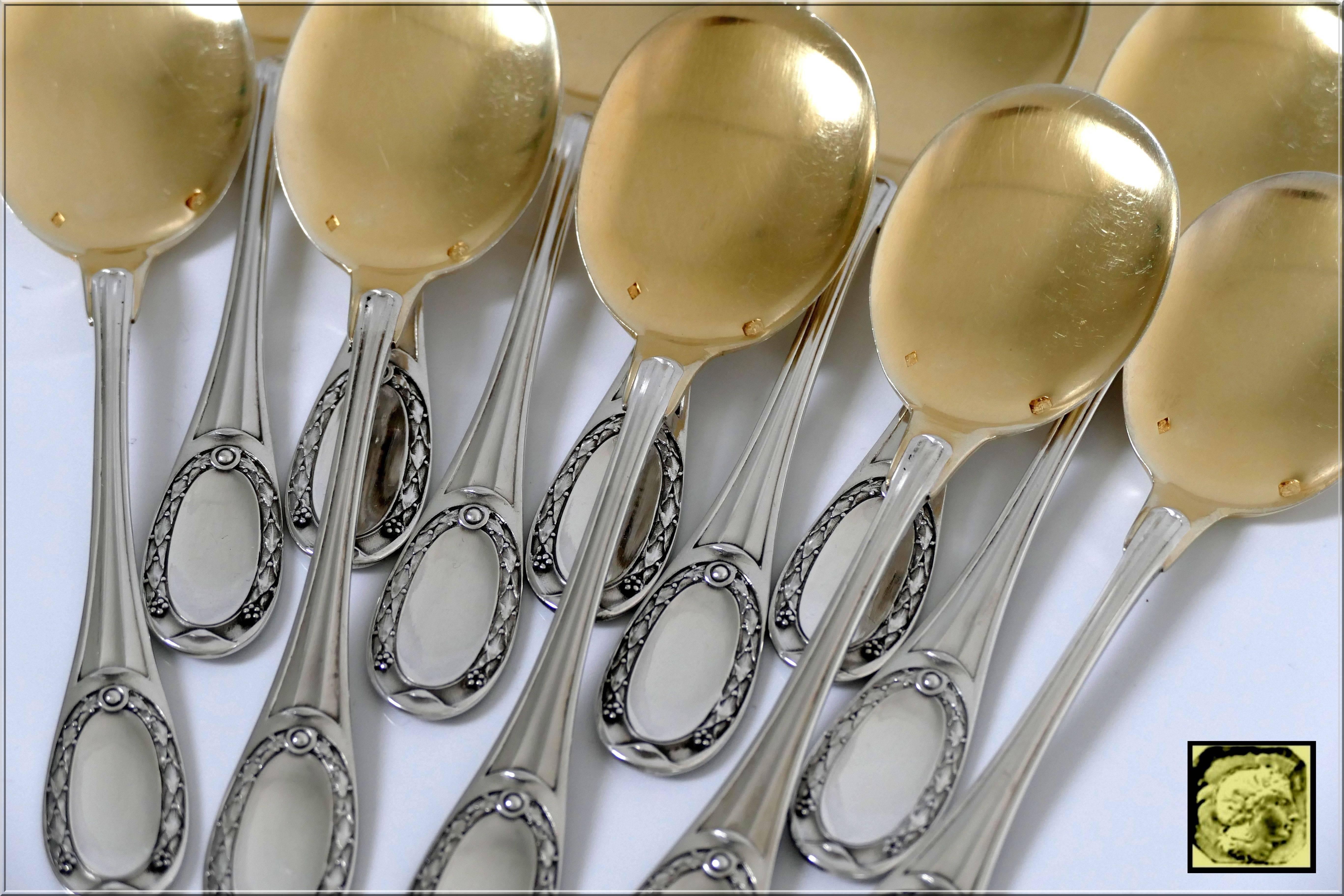 Tetard French Sterling Silver 18k Gold Ice Cream Spoons Set Neoclassical 1