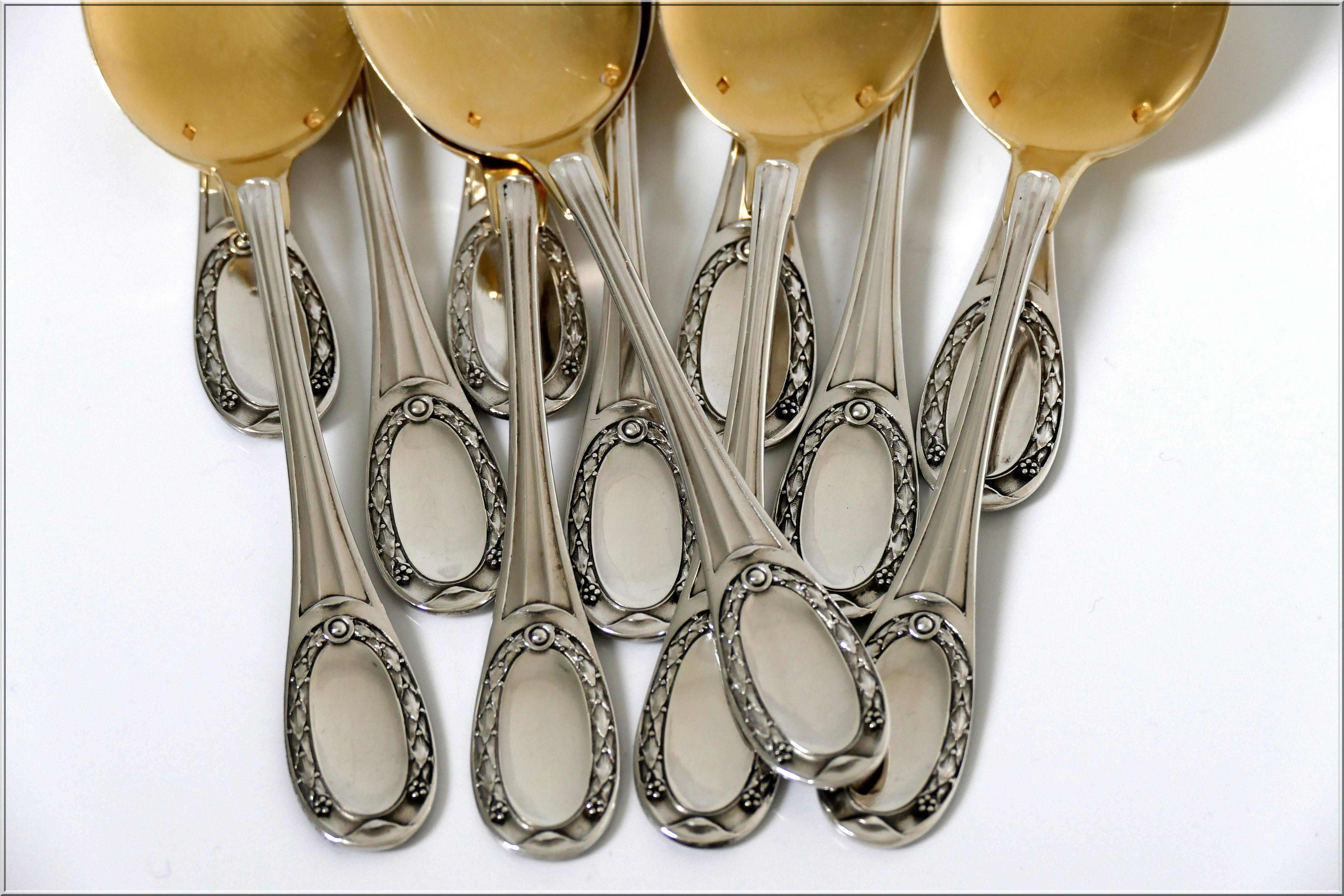 Tetard French Sterling Silver 18k Gold Ice Cream Spoons Set Neoclassical 3