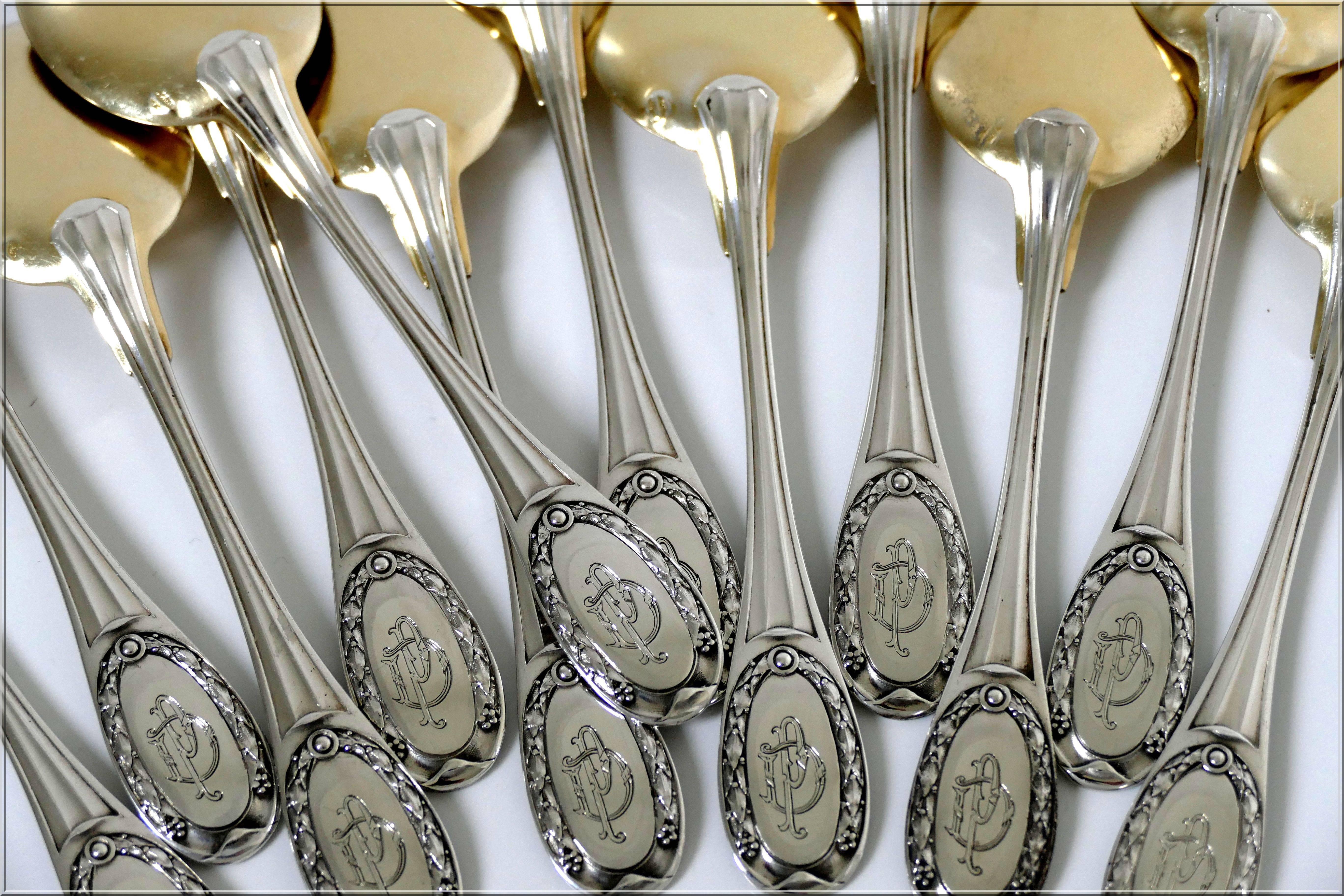 Tetard French Sterling Silver 18k Gold Ice Cream Spoons Set Neoclassical 5