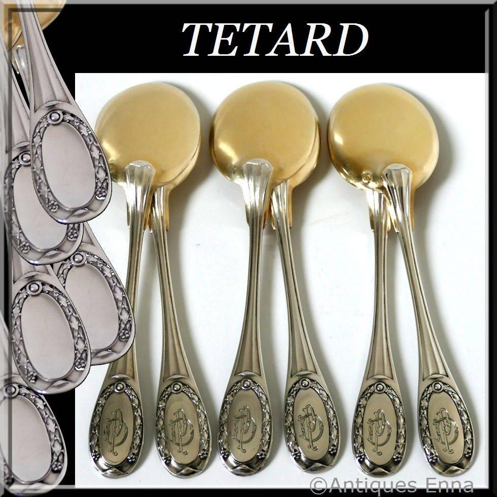 Tetard French Sterling Silver 18k Gold Ice Cream Spoons Set 6 pc Neoclassical

Head of Minerve 1st titre for 950/1000 French sterling silver vermeil guarantee. The quality of the gold used to recover sterling silver is a minimum of 750 mils