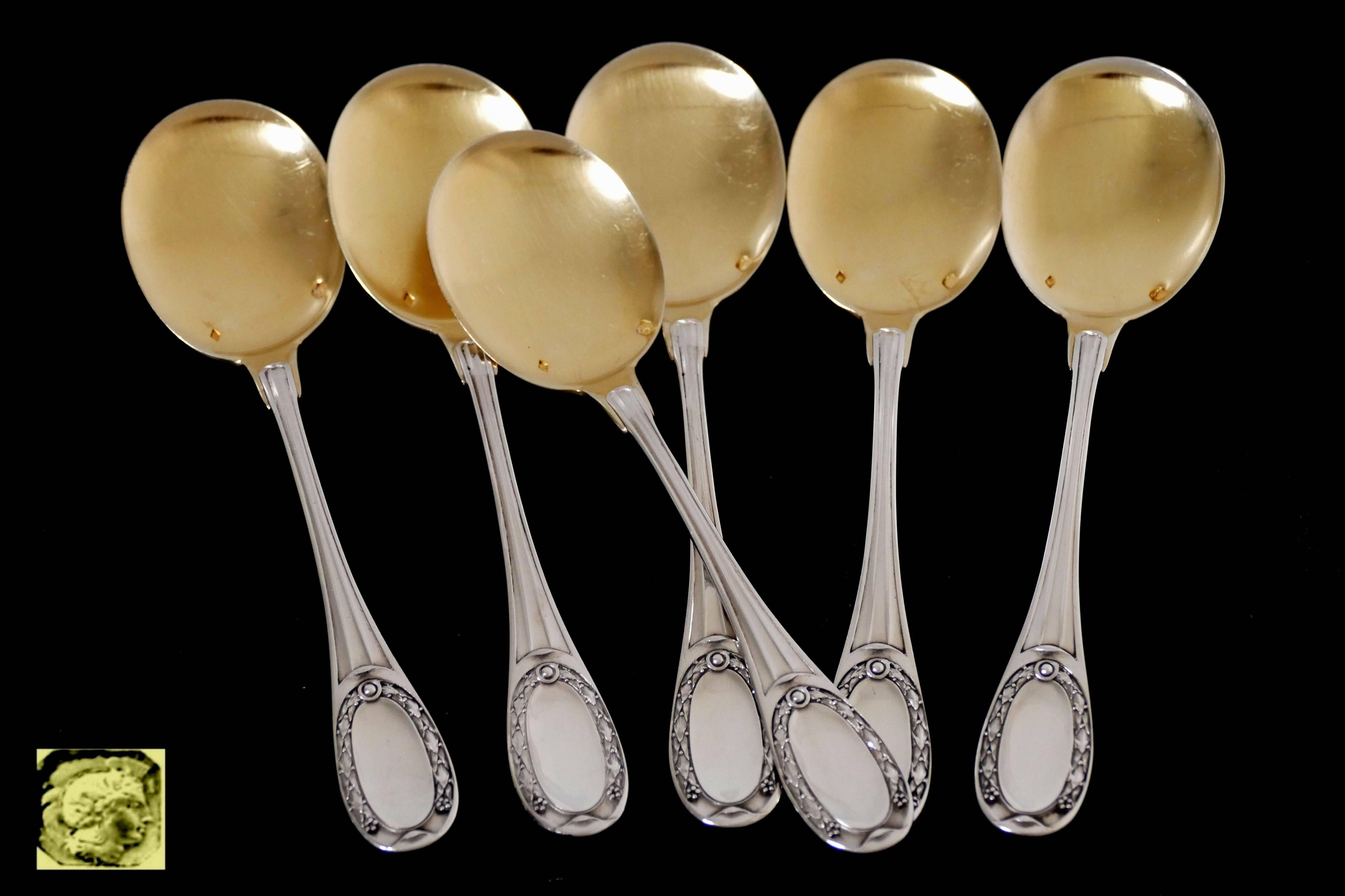 Tetard French Sterling Silver 18k Gold Ice Cream Spoons Set 6 pc Neoclassical In Excellent Condition In TRIAIZE, PAYS DE LOIRE