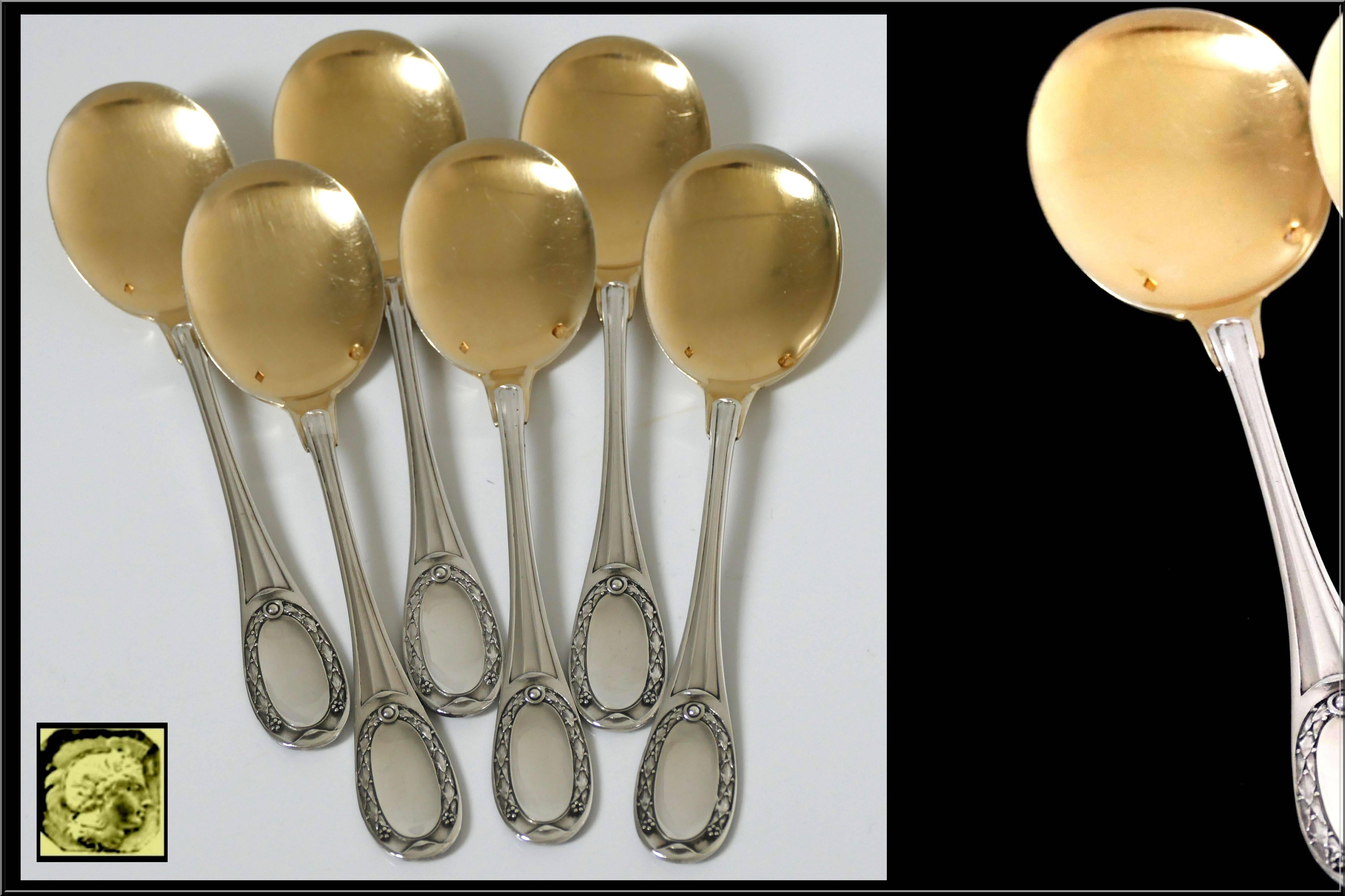 Early 20th Century Tetard French Sterling Silver 18k Gold Ice Cream Spoons Set 6 pc Neoclassical