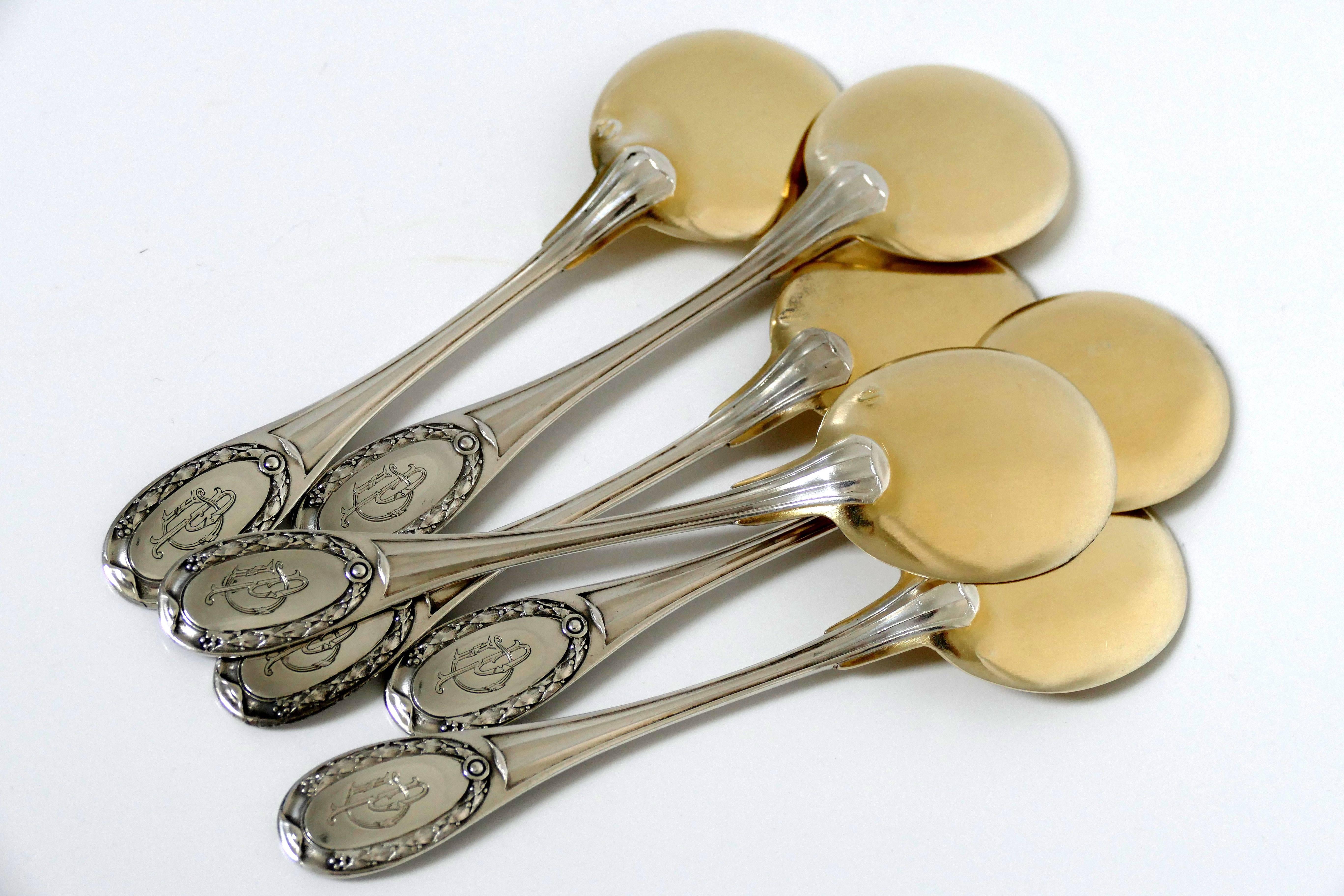 Tetard French Sterling Silver 18k Gold Ice Cream Spoons Set 6 pc Neoclassical 1