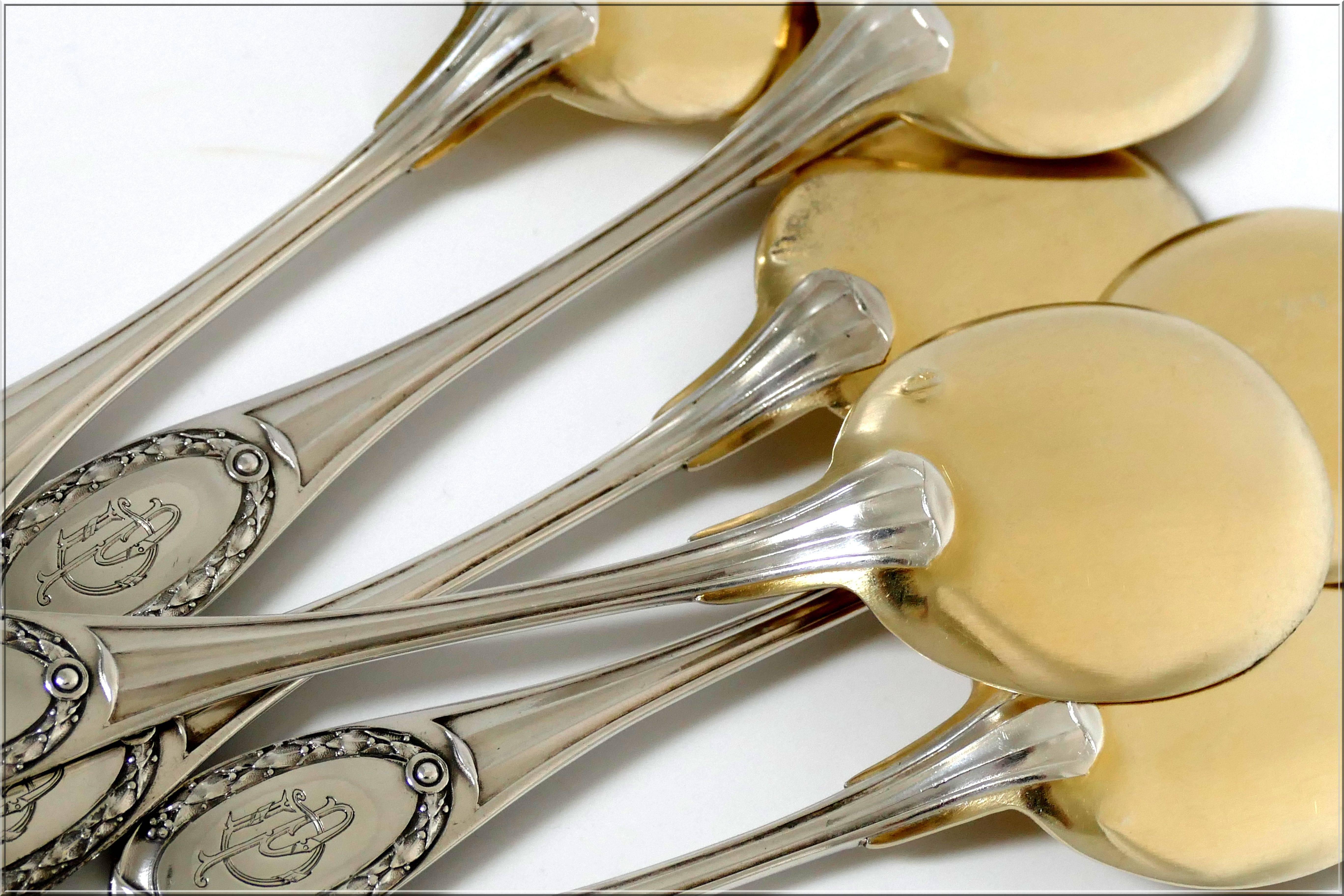 Tetard French Sterling Silver 18k Gold Ice Cream Spoons Set 6 pc Neoclassical 4