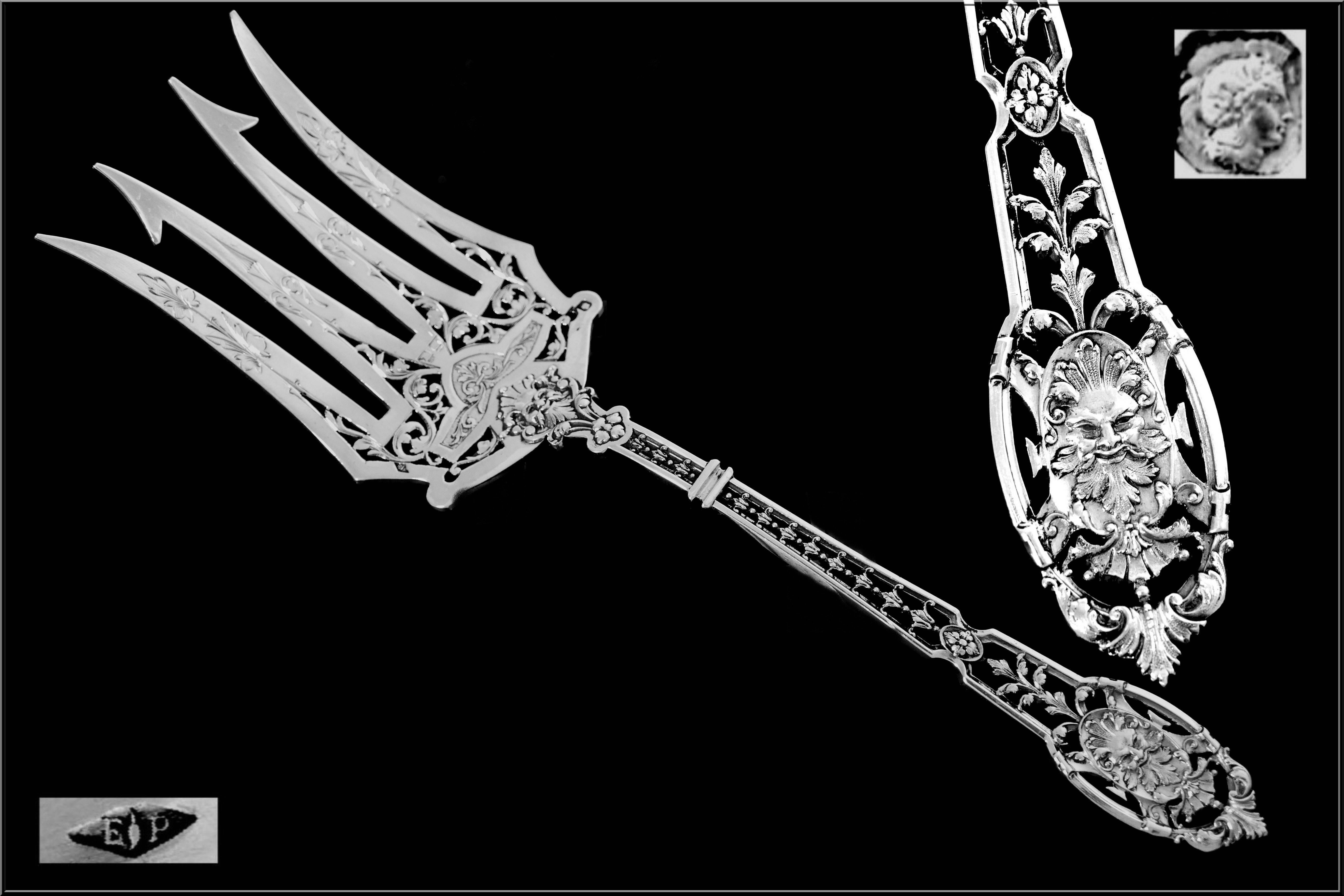 Renaissance Puiforcat Masterpiece French All Sterling Silver Serving Fork 9