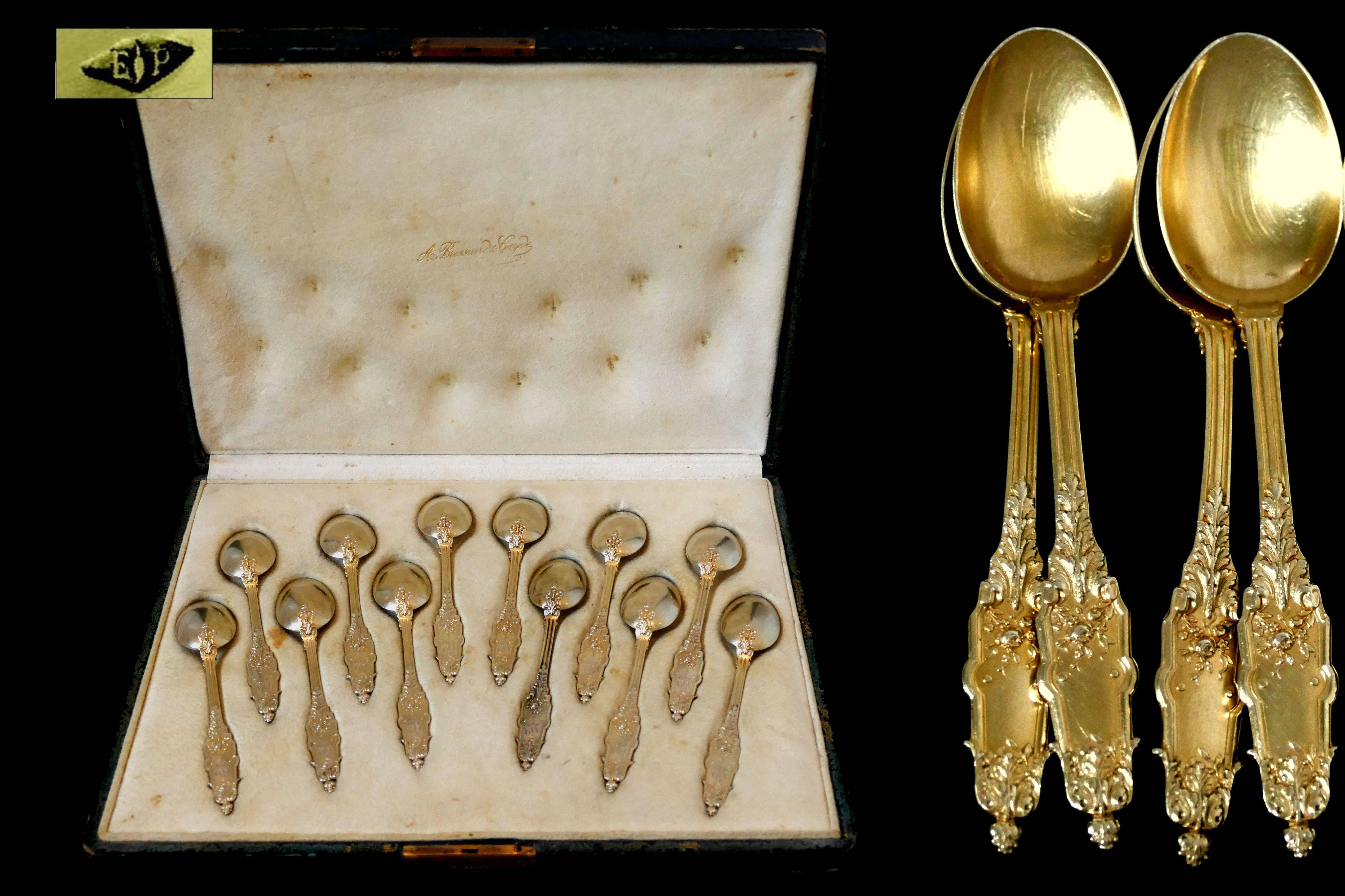 Puiforcat French Sterling Silver 18k Gold Tea Spoons Set 12 pc Box Acanthus 1