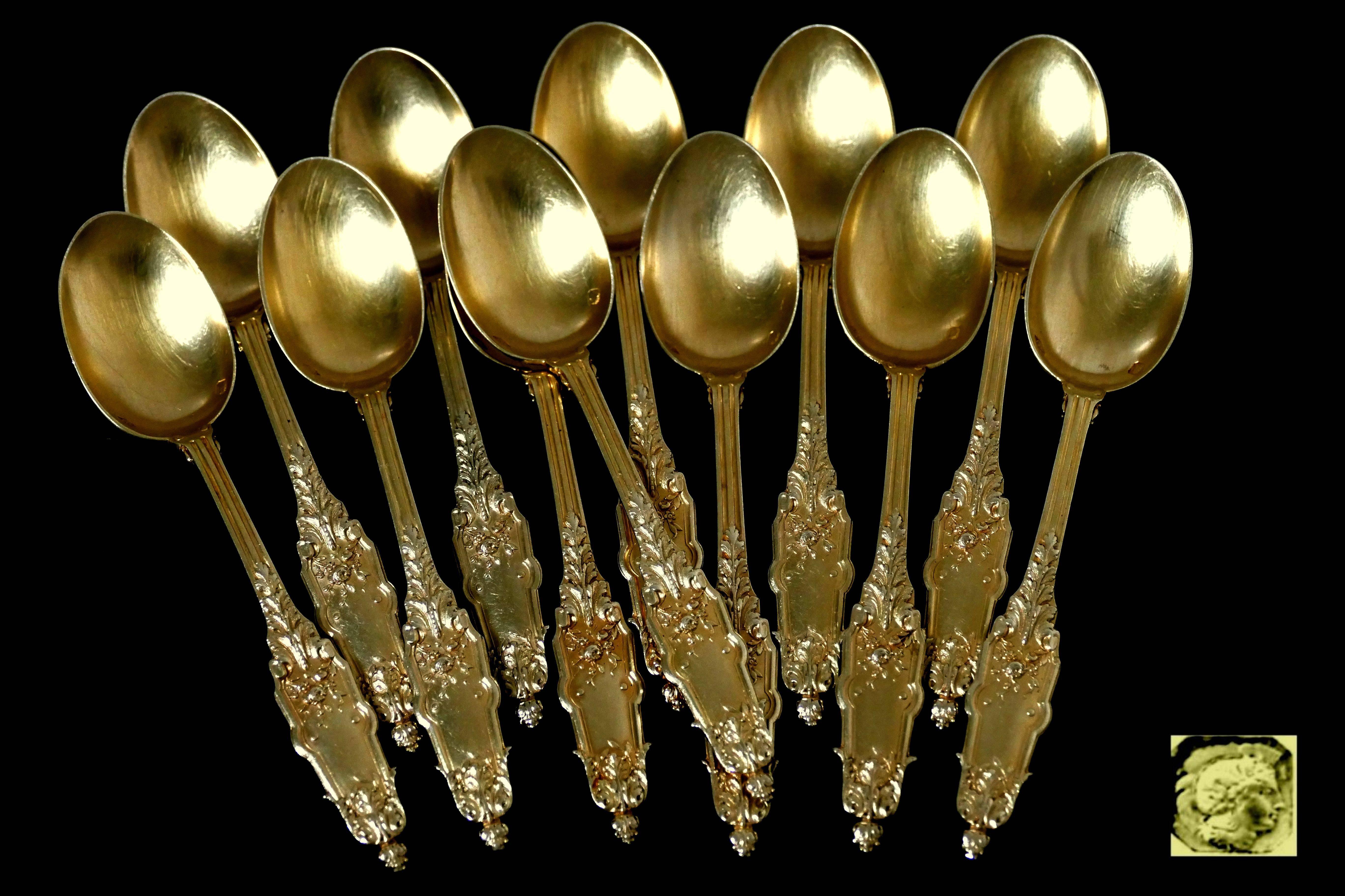 Puiforcat French Sterling Silver 18k Gold Tea Spoons Set 12 pc Box Acanthus In Excellent Condition In TRIAIZE, PAYS DE LOIRE