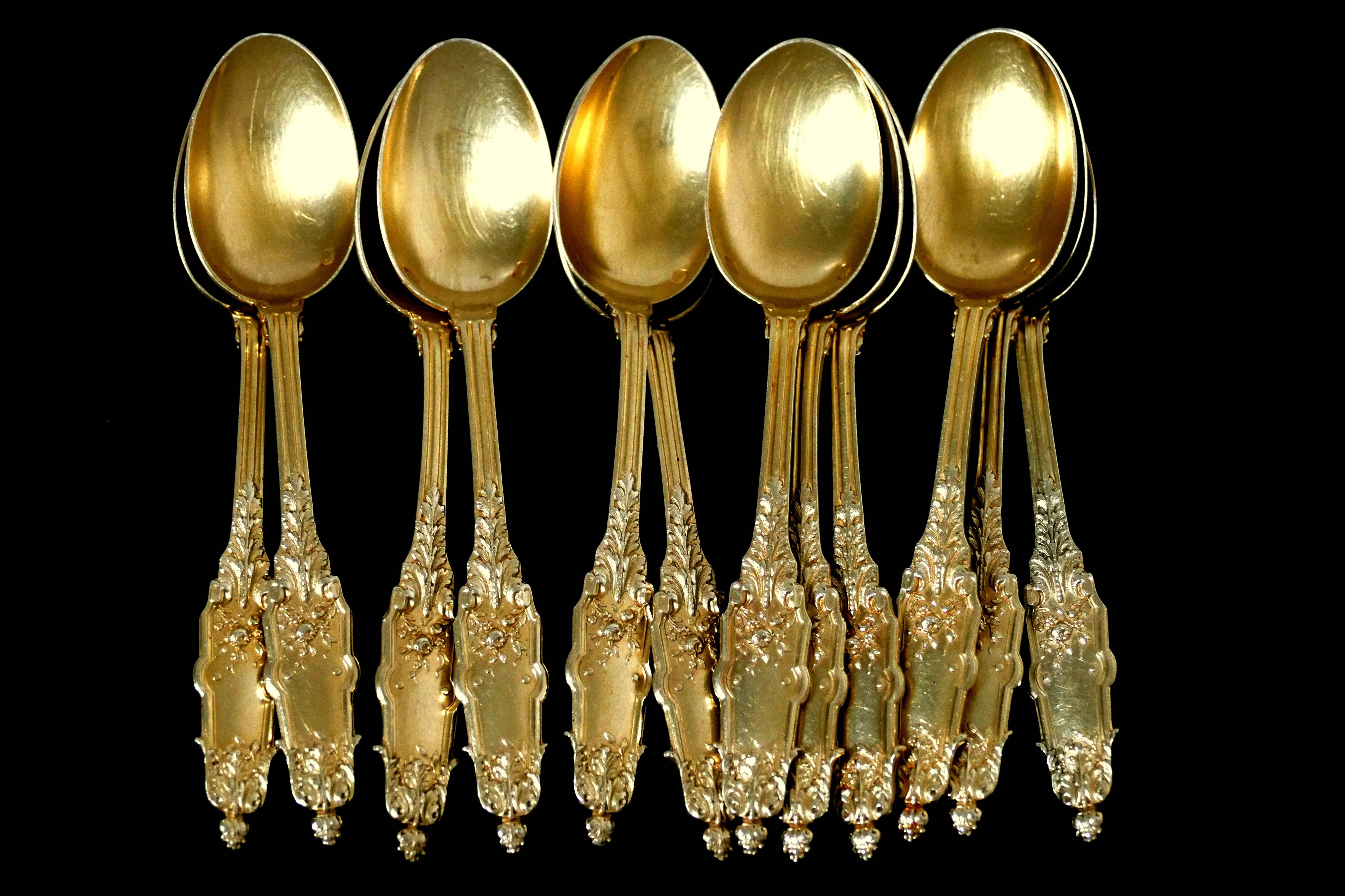 Neoclassical Puiforcat French Sterling Silver 18k Gold Tea Spoons Set 12 pc Box Acanthus