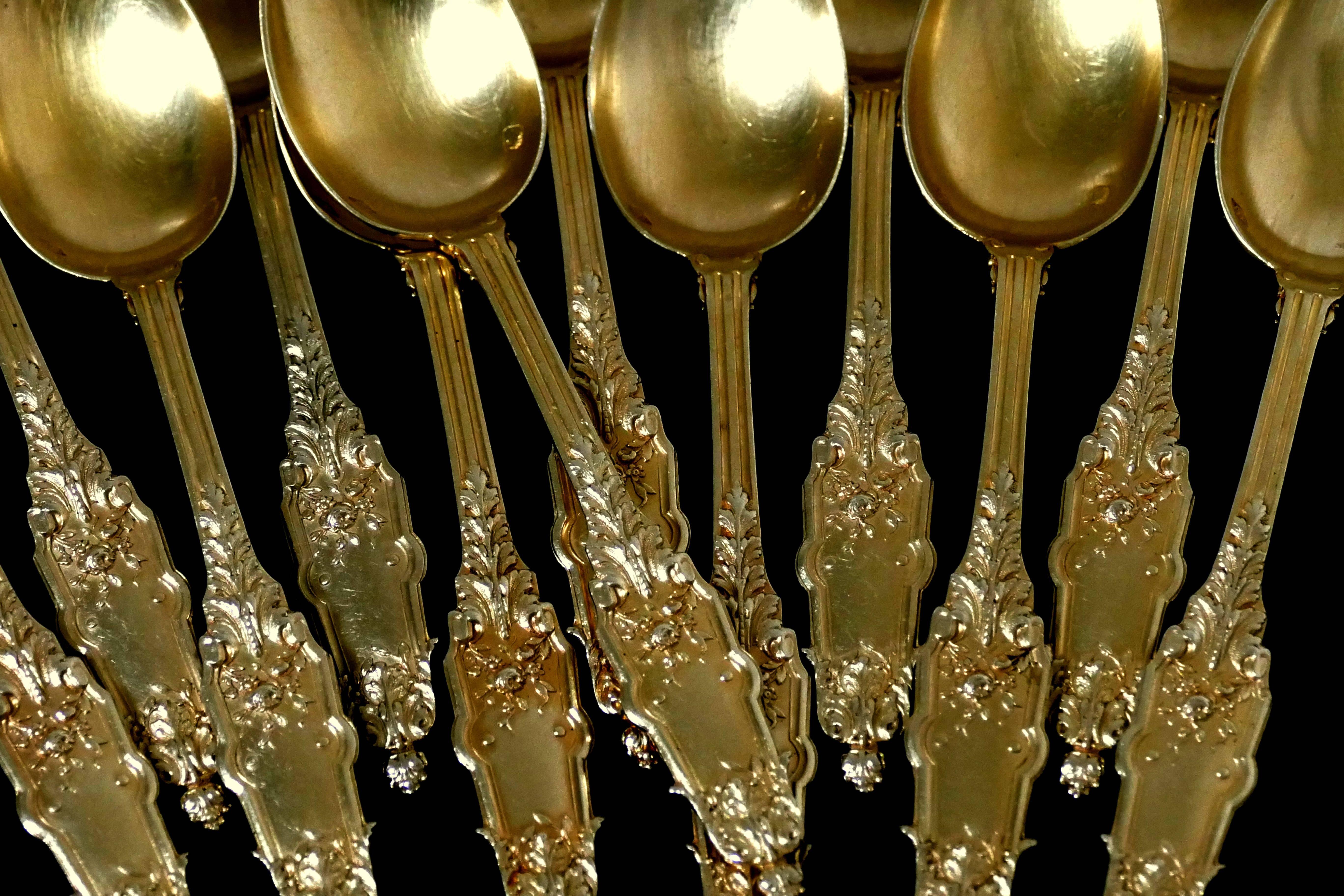 Puiforcat French Sterling Silver 18k Gold Tea Spoons Set 12 pc Box Acanthus 2