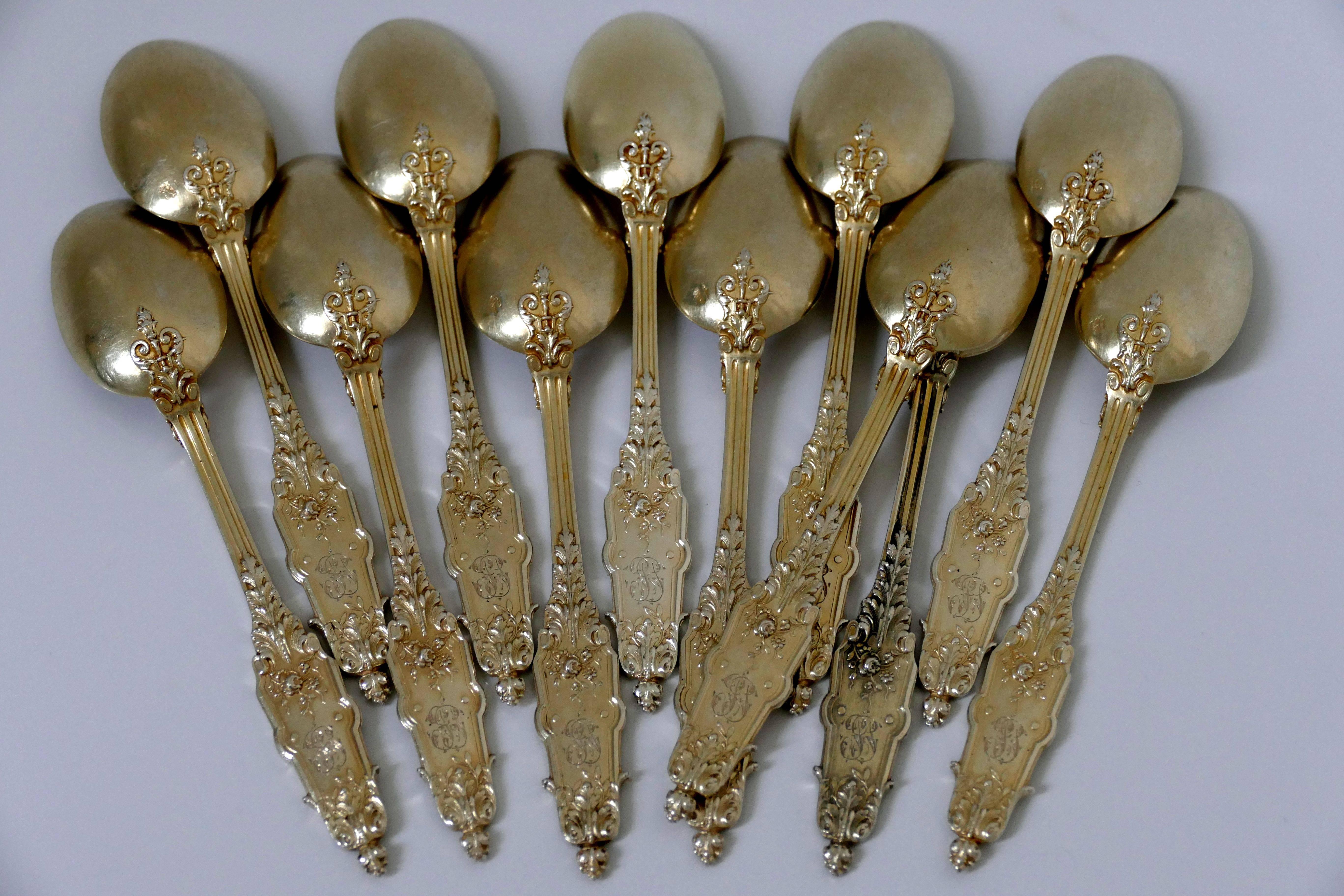 Puiforcat French Sterling Silver 18k Gold Tea Spoons Set 12 pc Box Acanthus 3