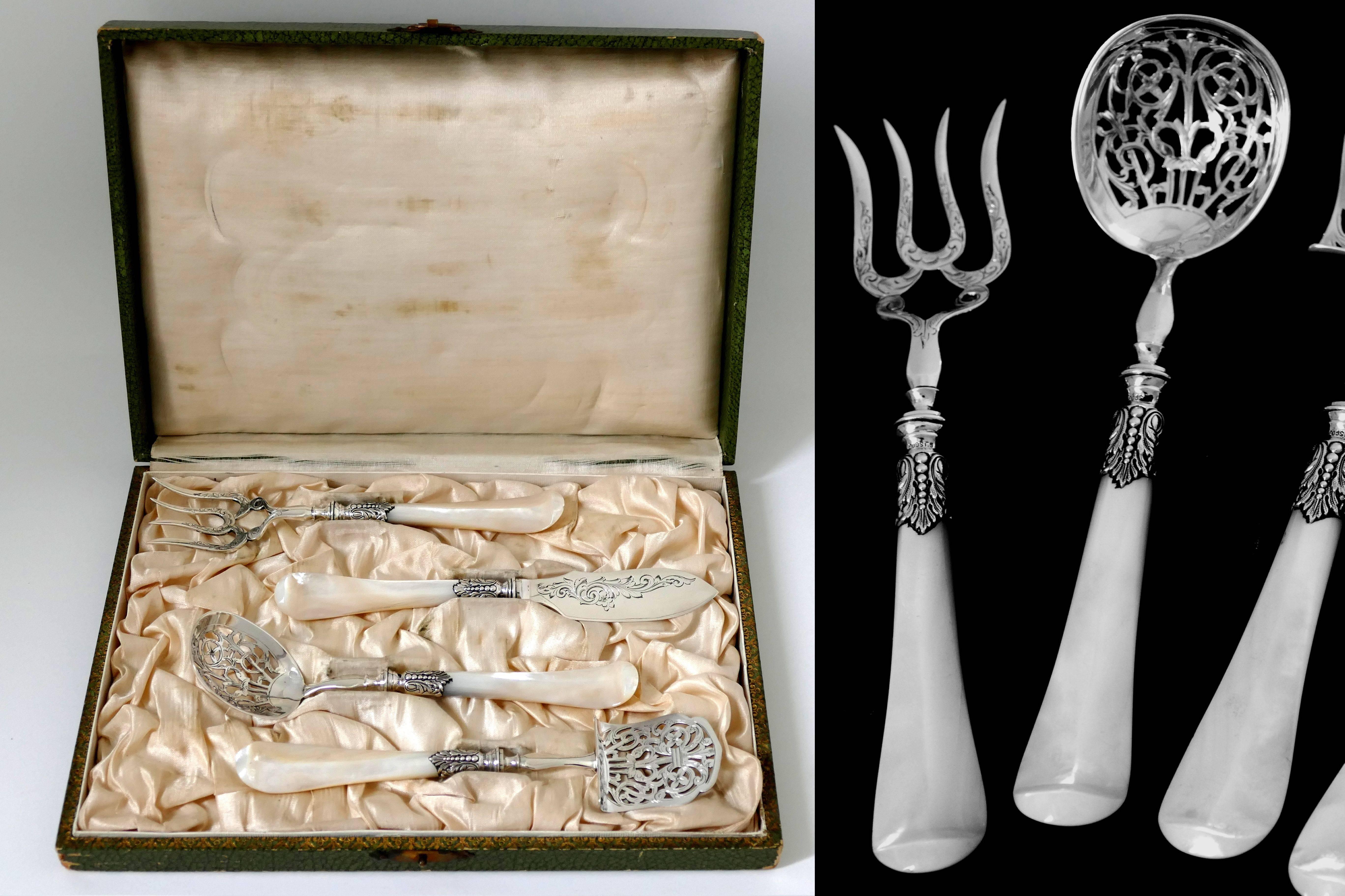 Early 20th Century Rare French Sterling Silver Mother-of-pearl Dessert Set 4 pc Box Neoclassical