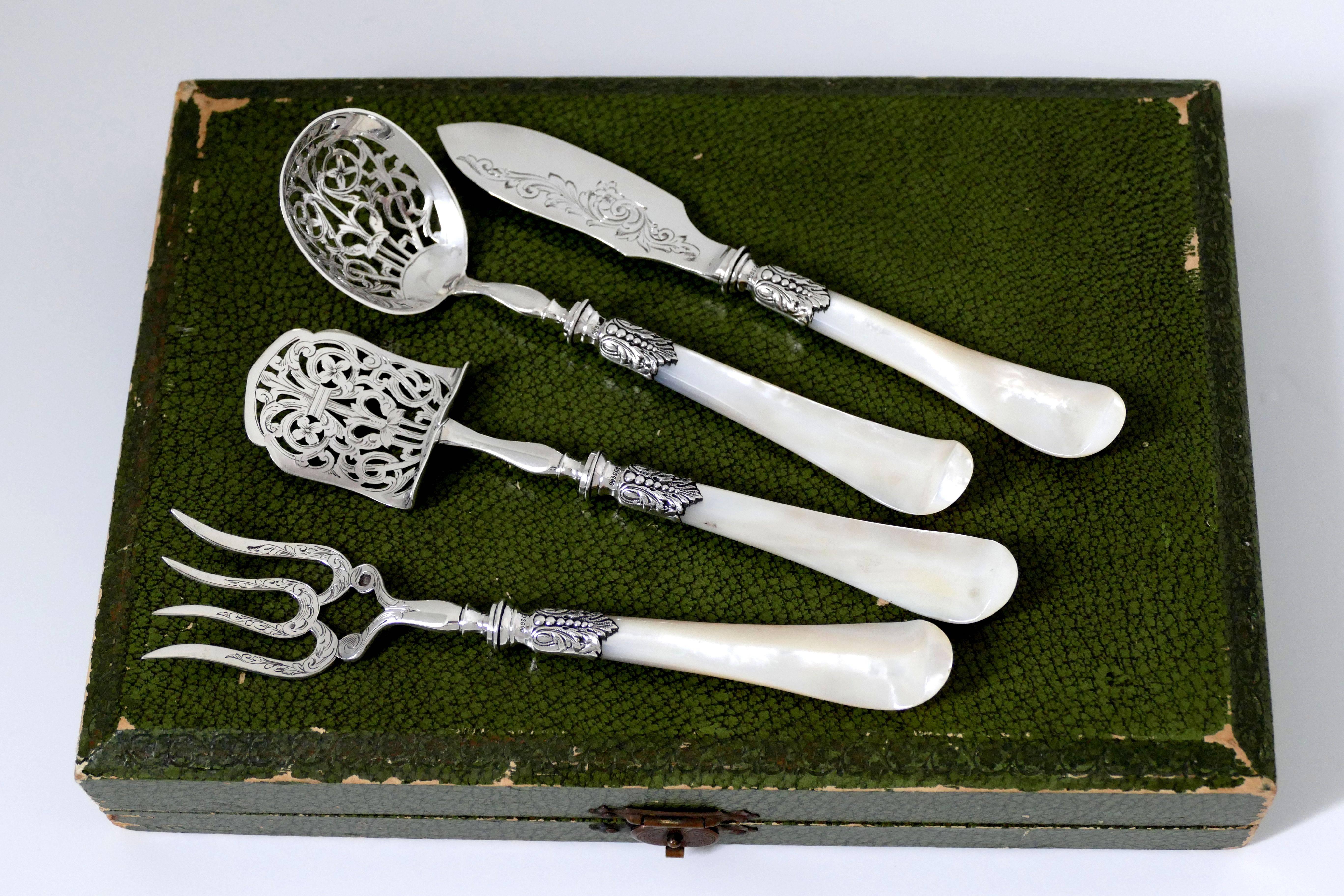 Mother-of-Pearl Rare French Sterling Silver Mother-of-pearl Dessert Set 4 pc Box Neoclassical
