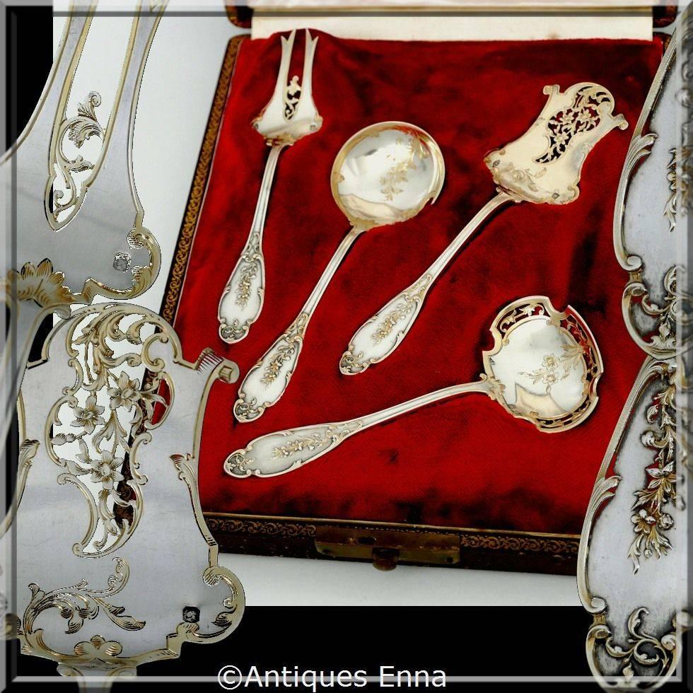 Debain rare French all sterling silver vermeil 18-karat dessert set four pieces box.

Head of Minerve 1 st titre for 950/1000 French sterling silver vermeil guarantee. The quality of the gold used to recover sterling silver is a minimum of 750
