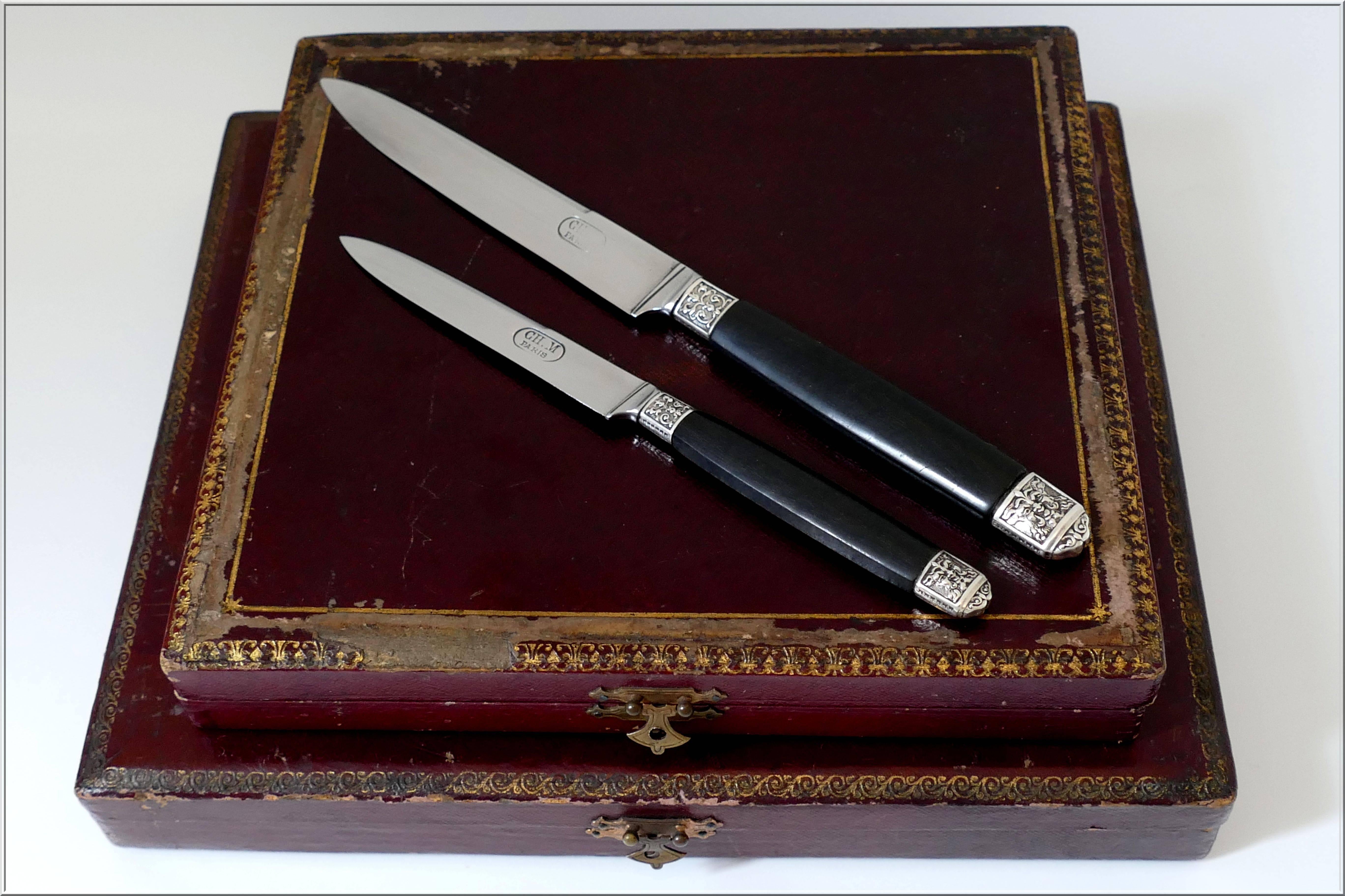 19th Rare French Ebony Sterling Silver Table Knife Set of 24 Pieces Mascaron 1