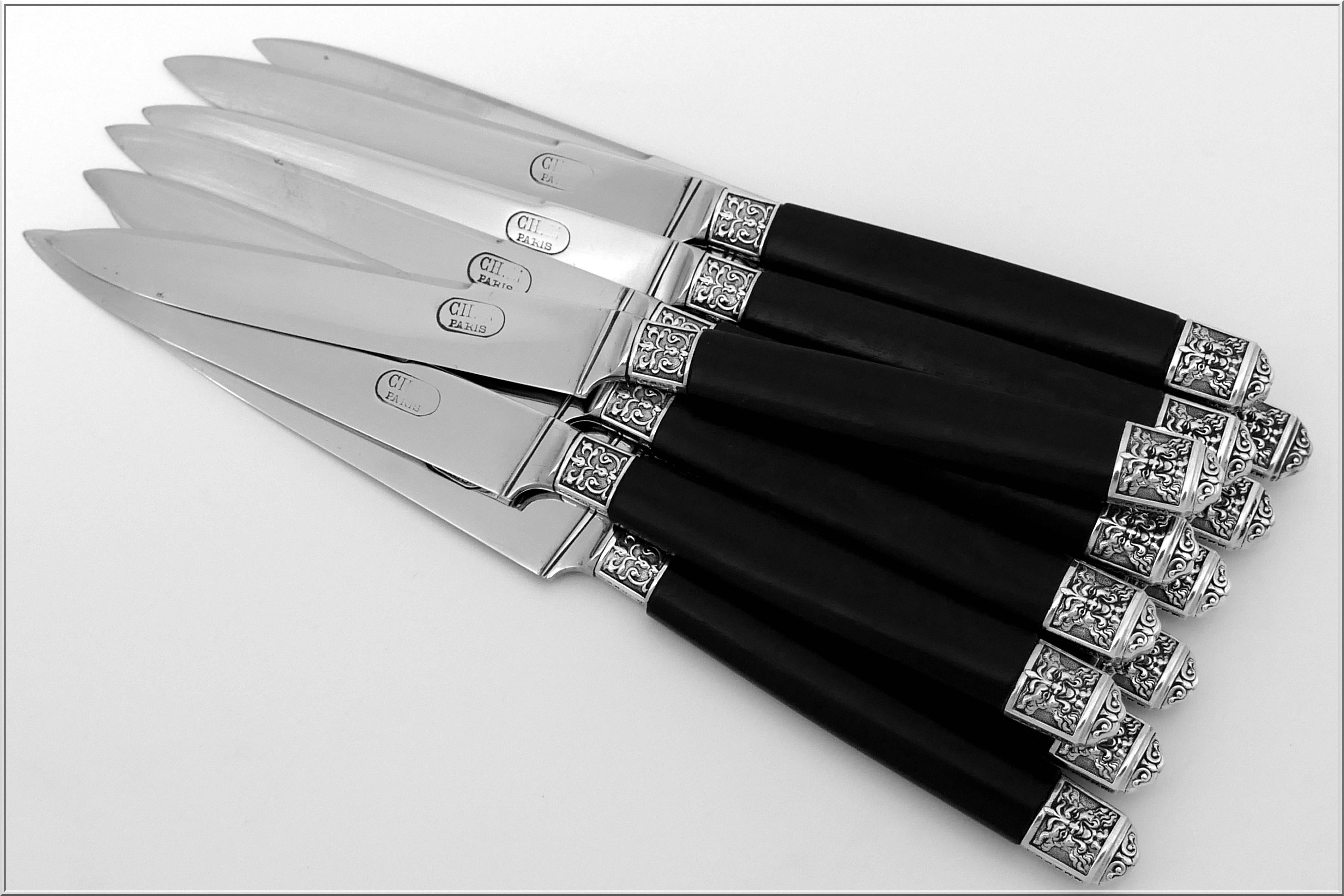Renaissance 19th Rare French Ebony Sterling Silver Table Knife Set of 24 Pieces Mascaron
