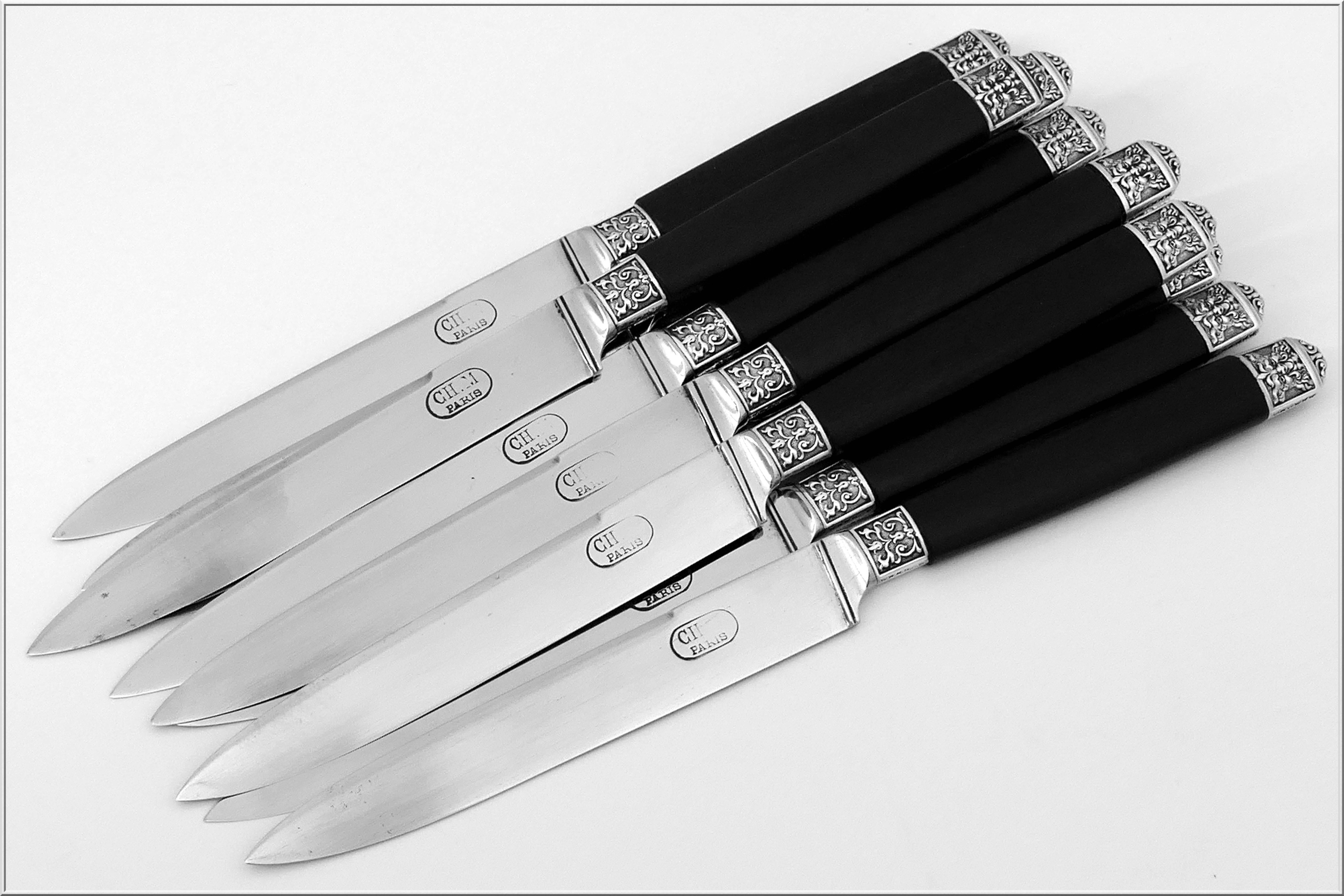 19th Rare French Ebony Sterling Silver Table Knife Set of 24 Pieces Mascaron 3