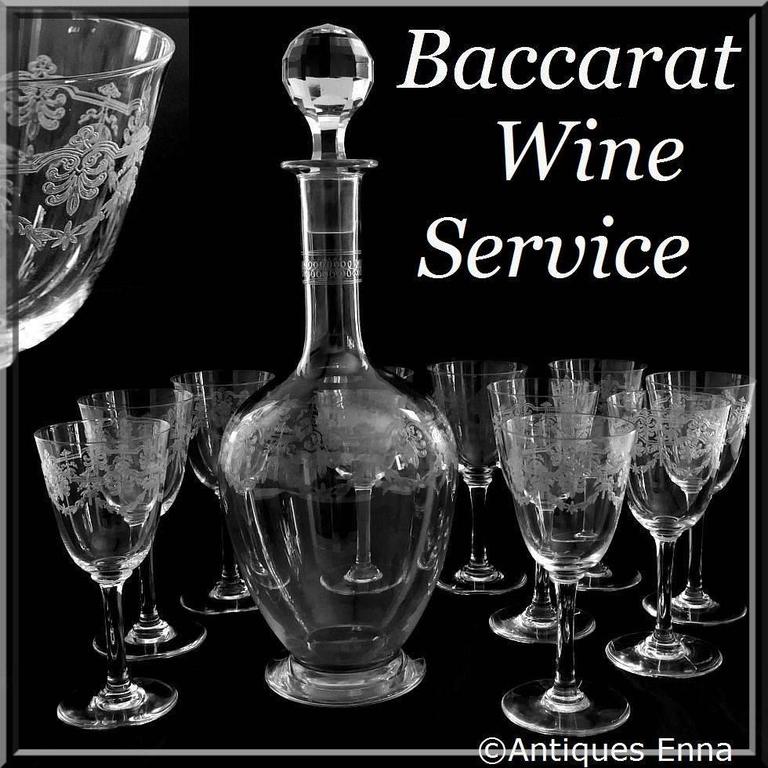 1910s Baccarat "Beauharnais" Engraved Crystal Wine Decanter and Glasses
