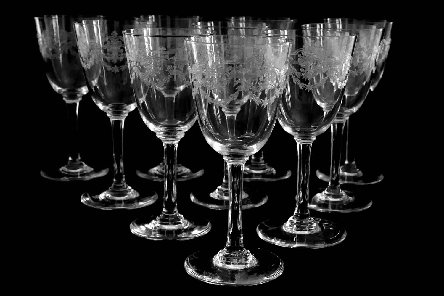 1910s Baccarat "Beauharnais" Engraved Crystal Wine Decanter and Glasses