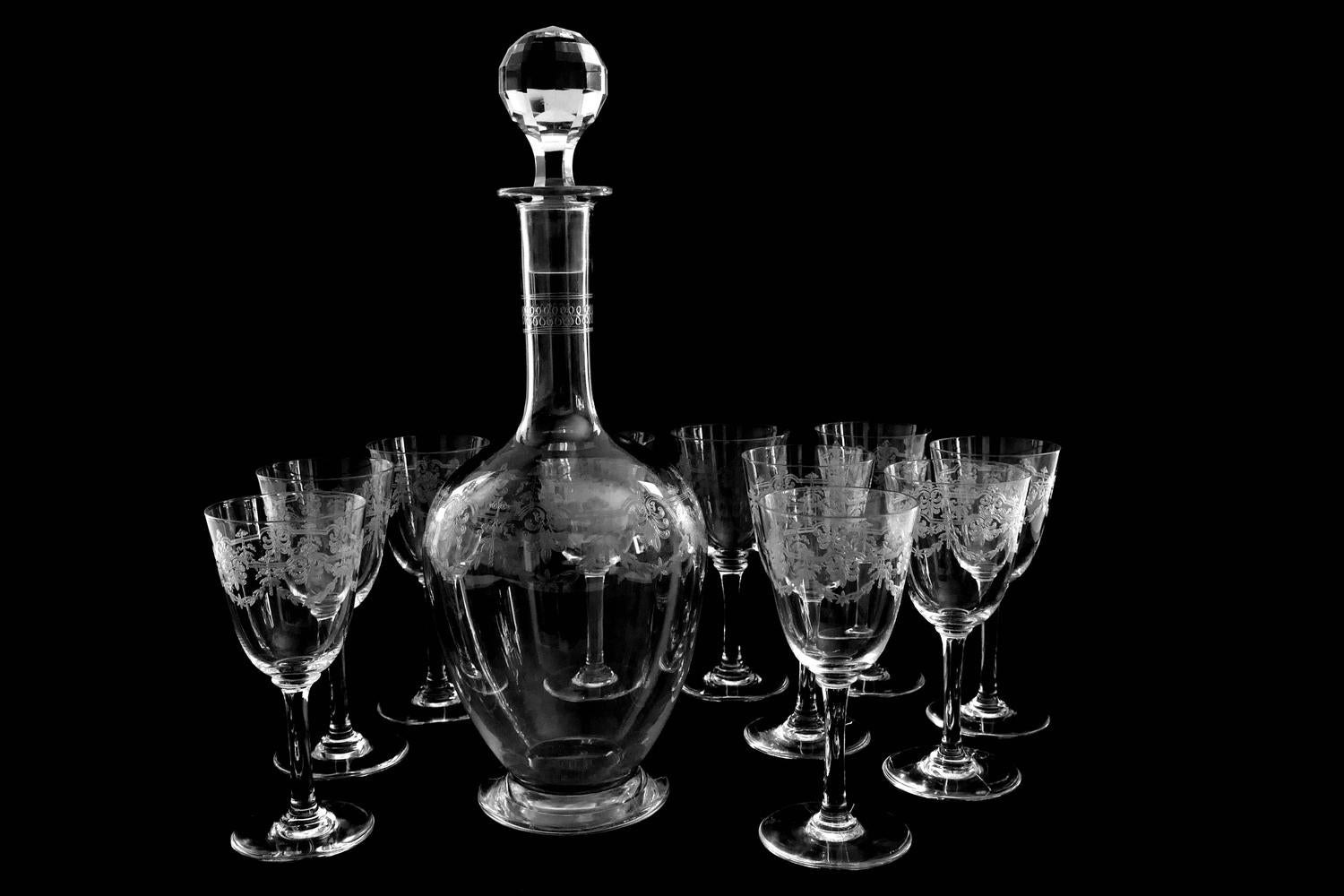 1910s Baccarat "Beauharnais" Engraved Crystal Wine Decanter and Glasses
