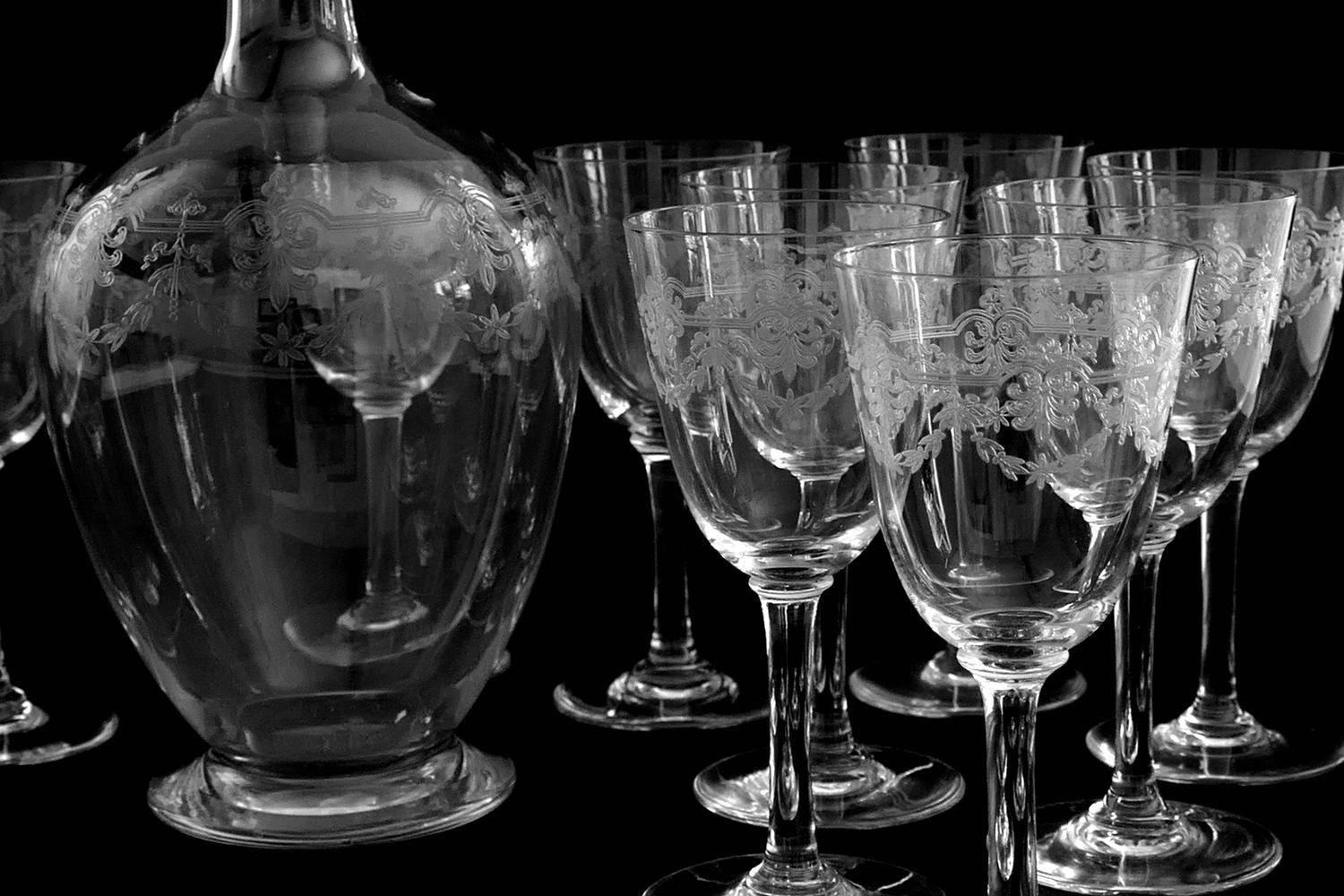 1910s Baccarat "Beauharnais" Engraved Crystal Wine Decanter and Glasses