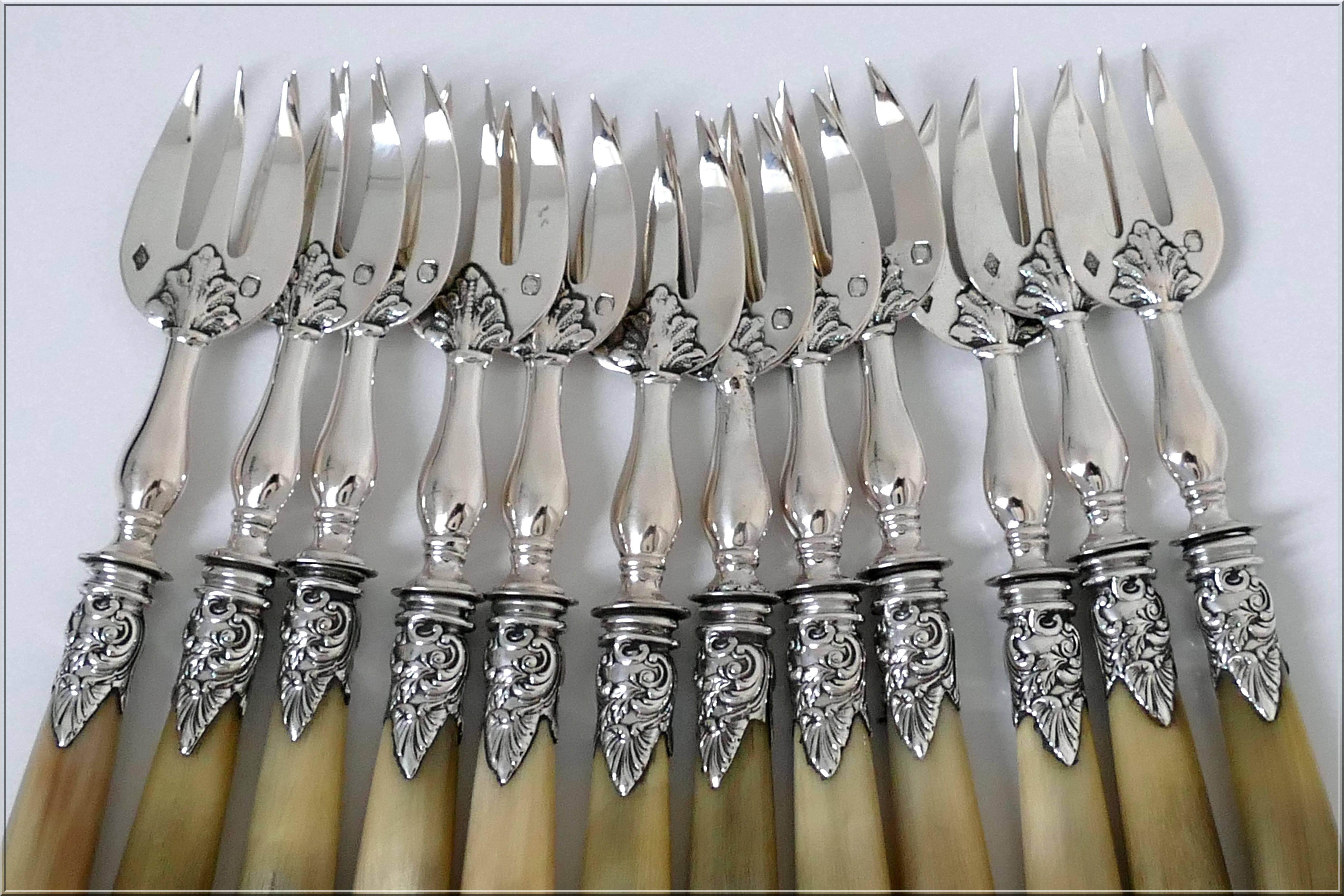 Rococo Soufflot French Sterling Silver Horn Oyster Forks Set of 12 Pieces, Original Box