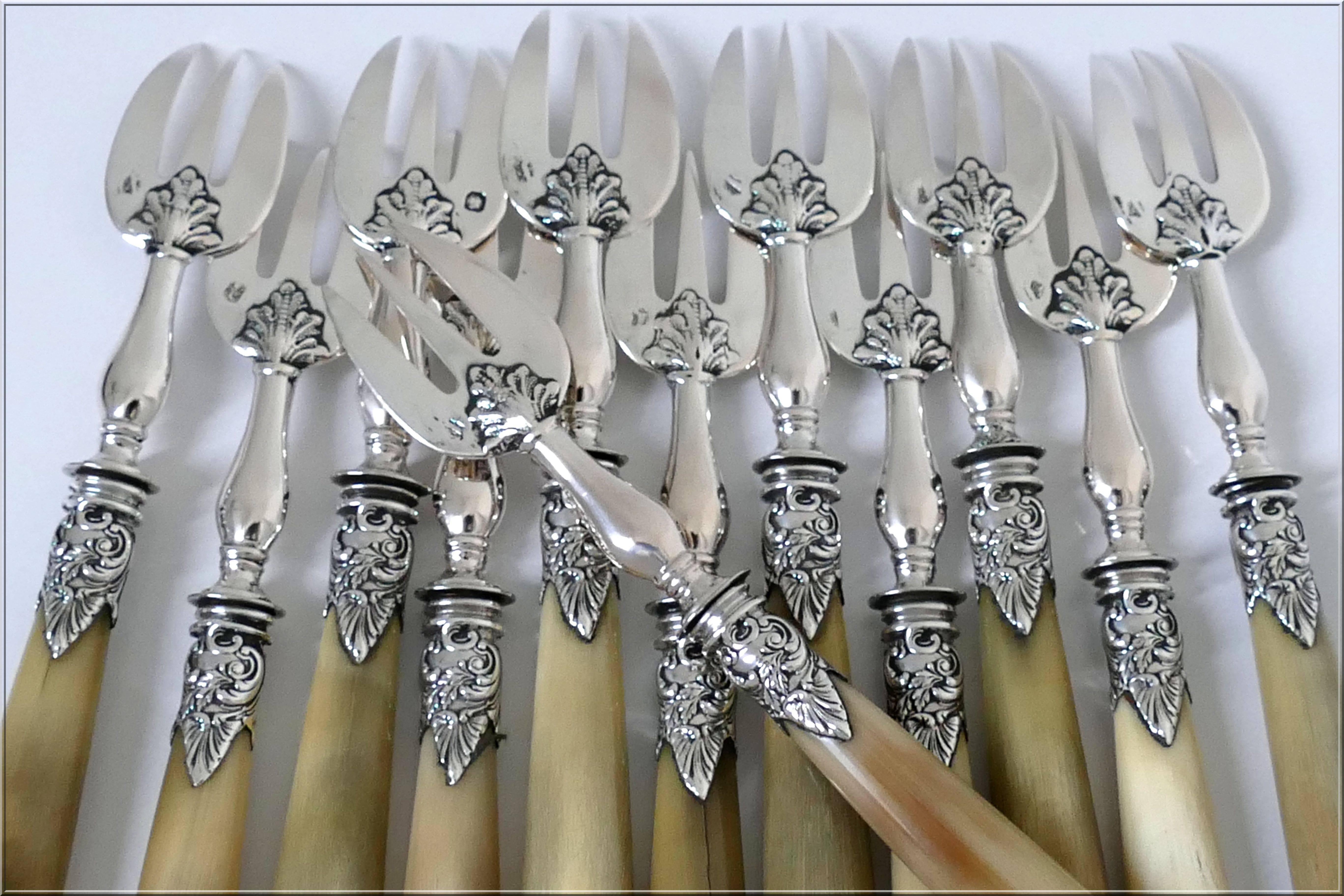 Soufflot French Sterling Silver Horn Oyster Forks Set of 12 Pieces, Original Box 3