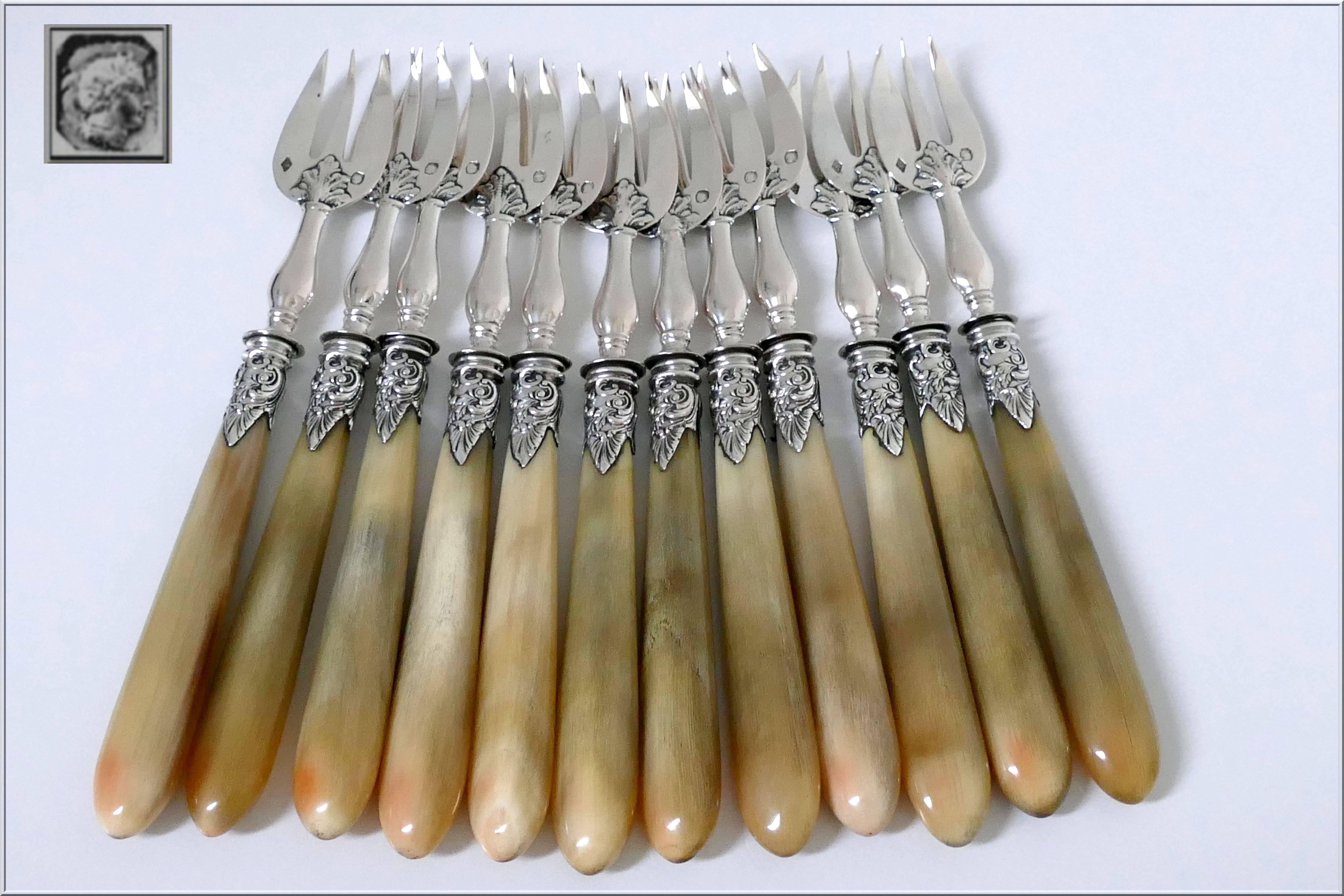 Late 19th Century Soufflot French Sterling Silver Horn Oyster Forks Set of 12 Pieces, Original Box