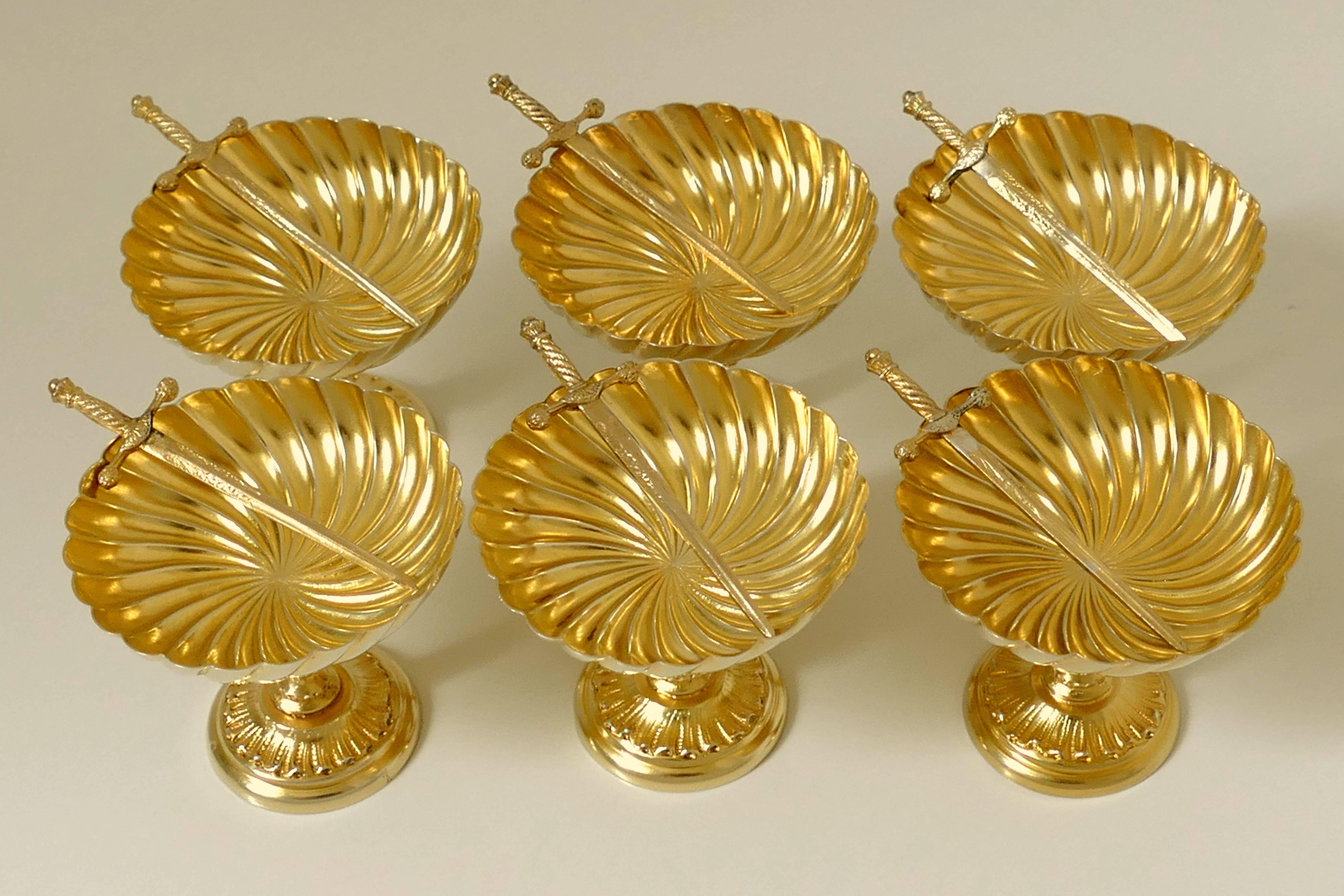 Late 19th Century Tortez Rare French Sterling Silver 18-Karat Gold Strawberry or Olive Serving Set