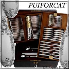 Puiforcat French Sterling Silver 18k Gold Flatware Set of 90 Pieces, Chest, Swan