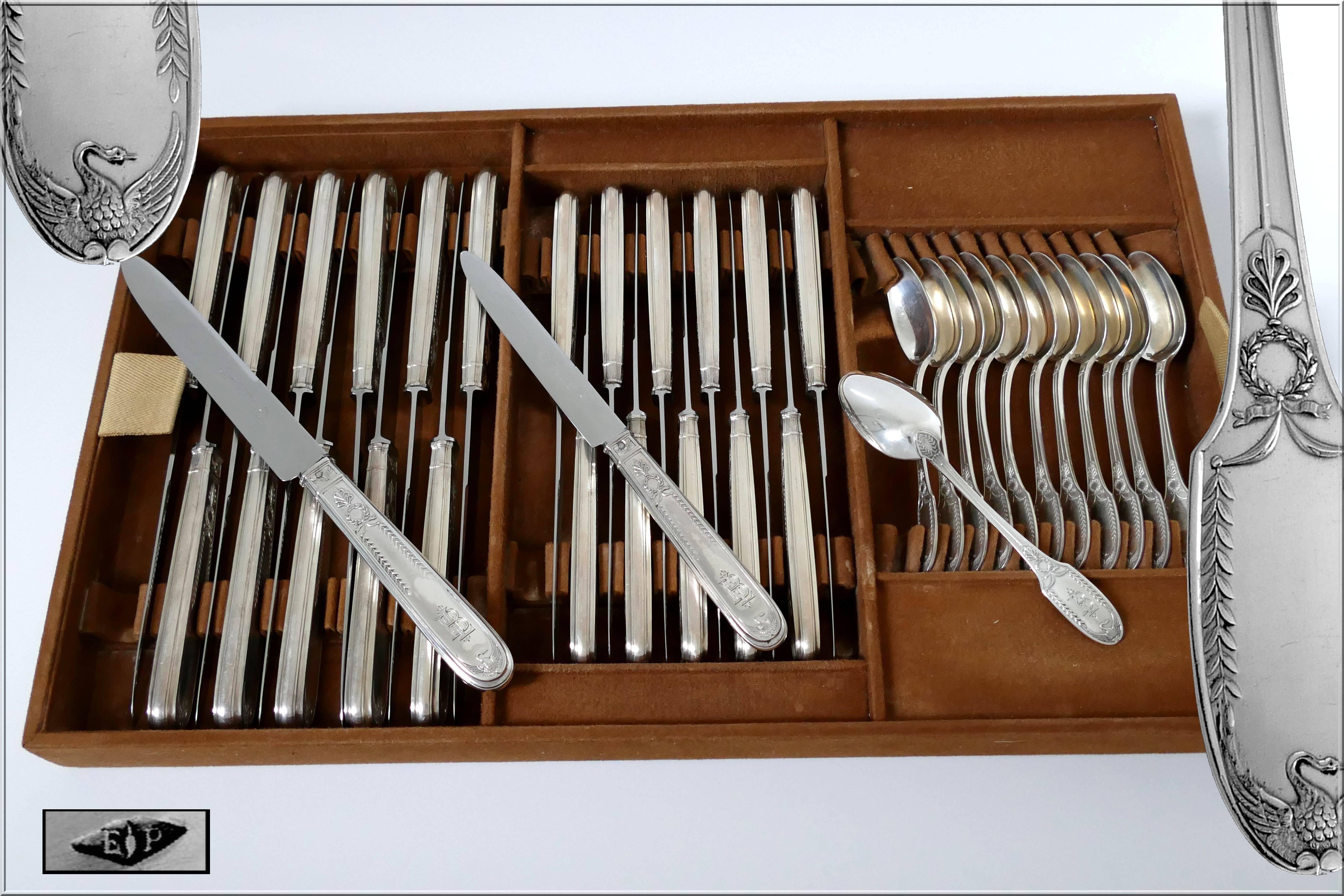 Late 19th Century Puiforcat French Sterling Silver 18k Gold Flatware Set of 90 Pieces, Chest, Swan 