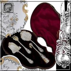 Rare French Sterling Silver 18K Gold Dessert Set, Dolphin, Shaped Violin Box