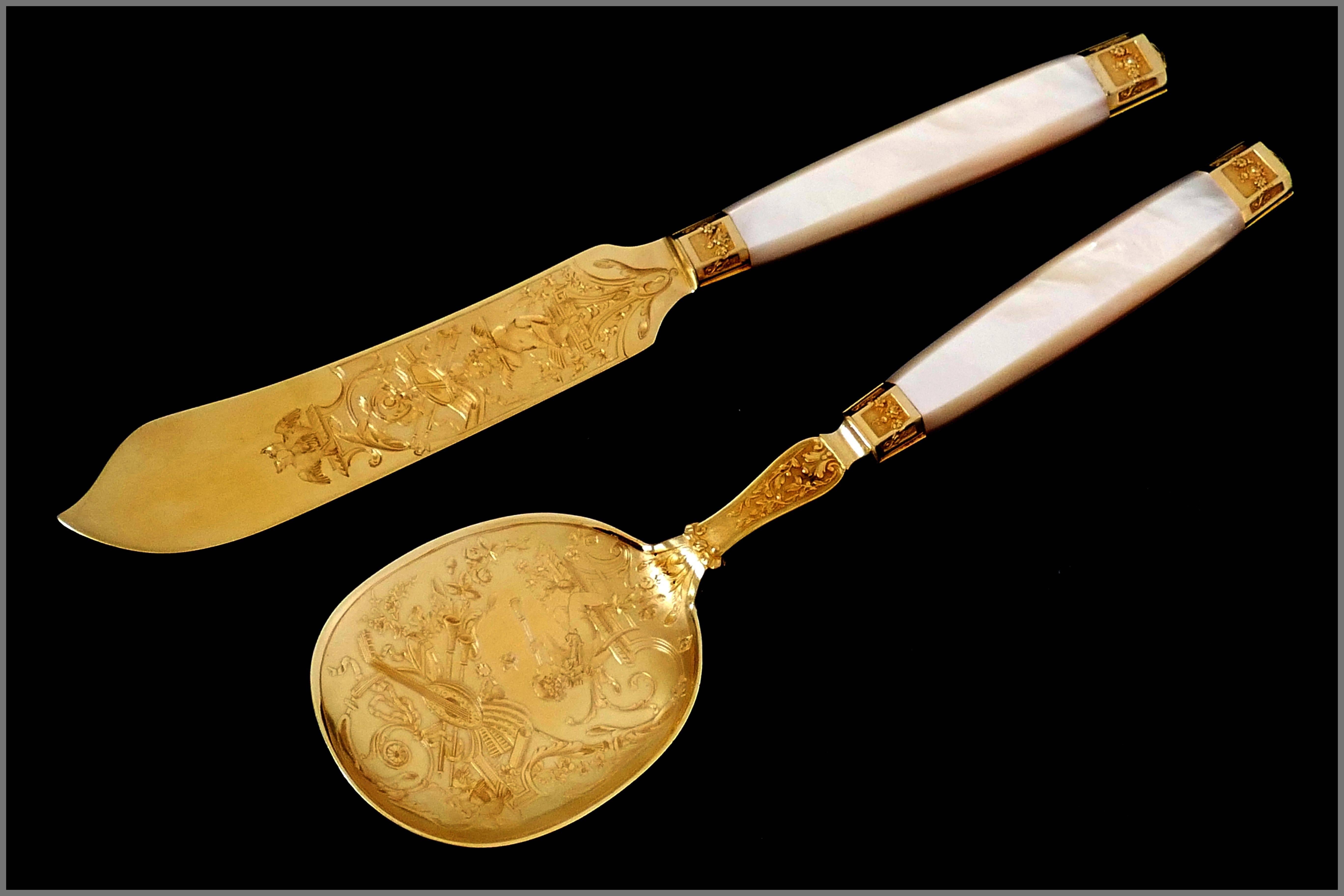 Mid-19th Century Cardeilhac French Sterling Silver 18-Karat Gold Mother-of-Pearl Ice Cream Set