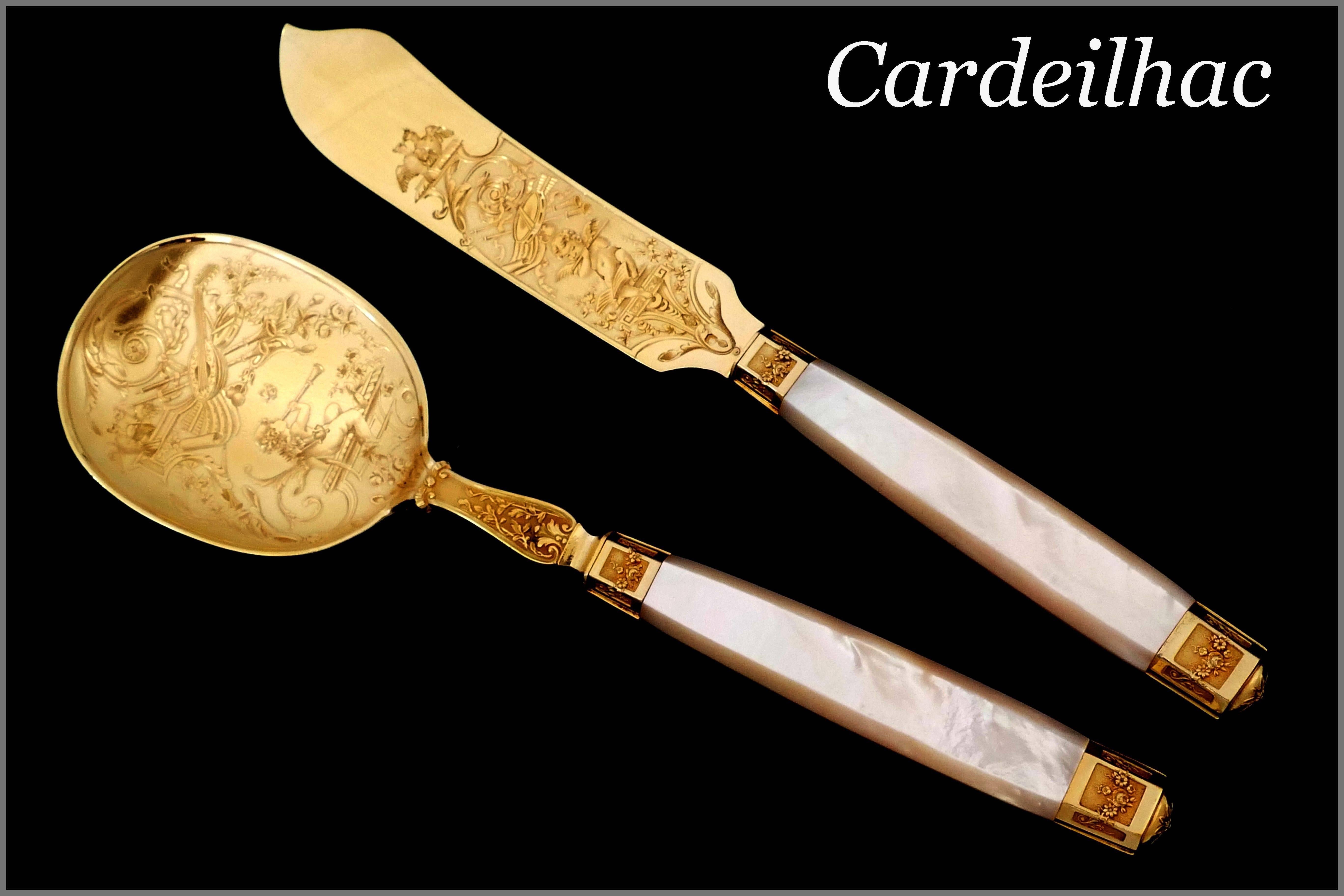Neoclassical Cardeilhac French Sterling Silver 18-Karat Gold Mother-of-Pearl Ice Cream Set