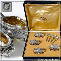 Ravinet French Sterling Silver 18-Karat Gold Four Salt Cellars, Spoons, Box