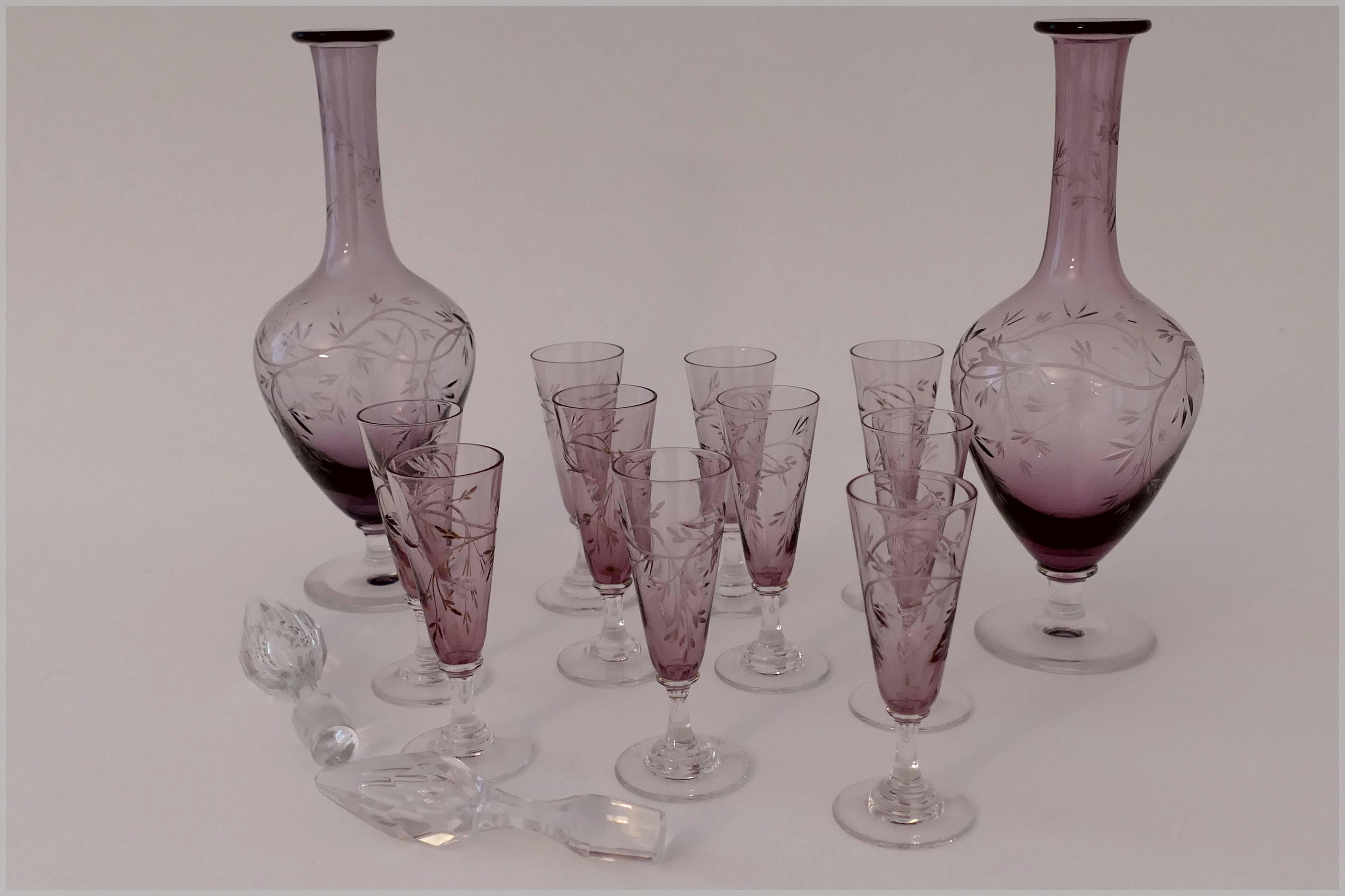 1900s Saint Louis Amethyst Cut Crystal Liquor Set Decanters Cordials and Tray 1