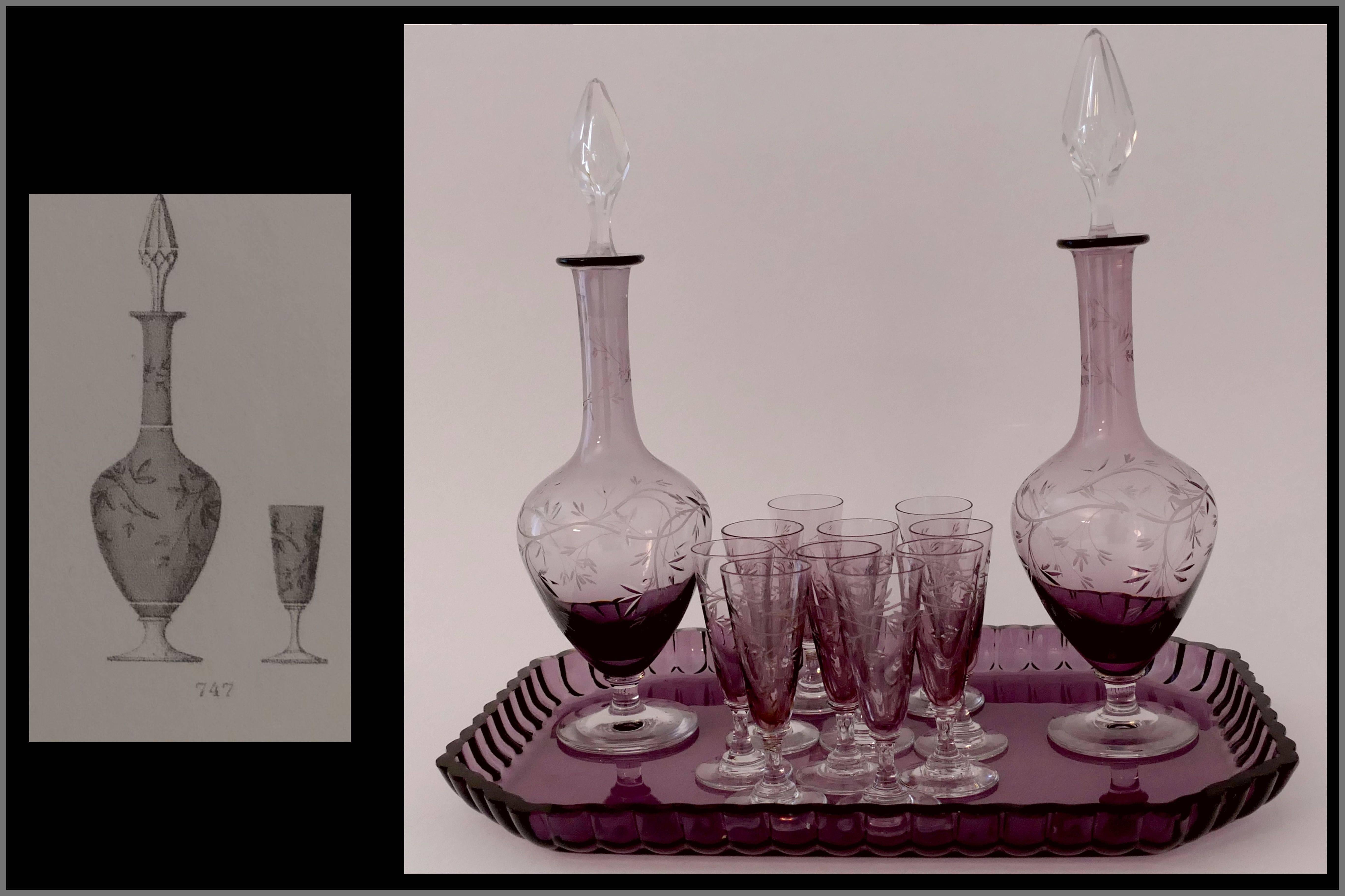 Art Nouveau 1900s Saint Louis Amethyst Cut Crystal Liquor Set Decanters Cordials and Tray