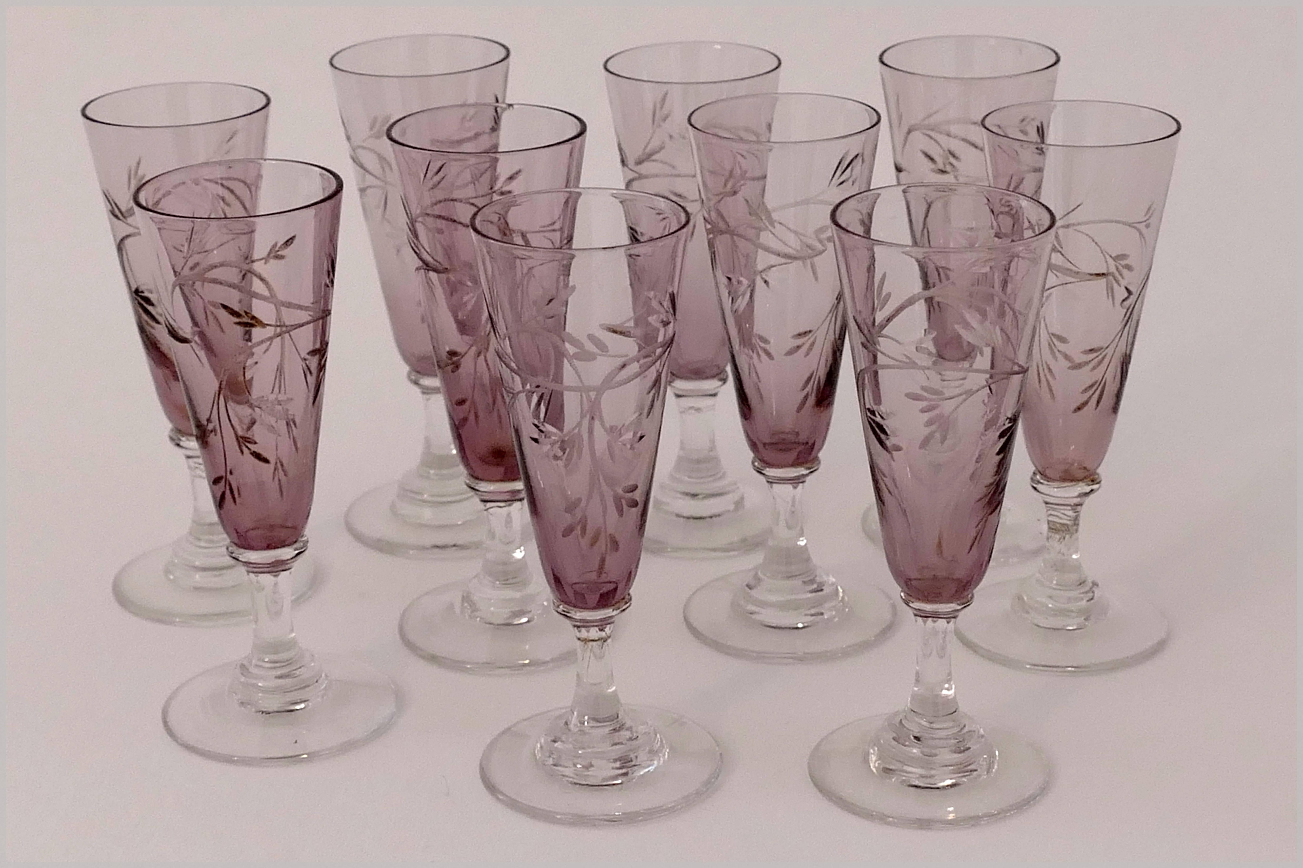 French 1900s Saint Louis Amethyst Cut Crystal Liquor Set Decanters Cordials and Tray