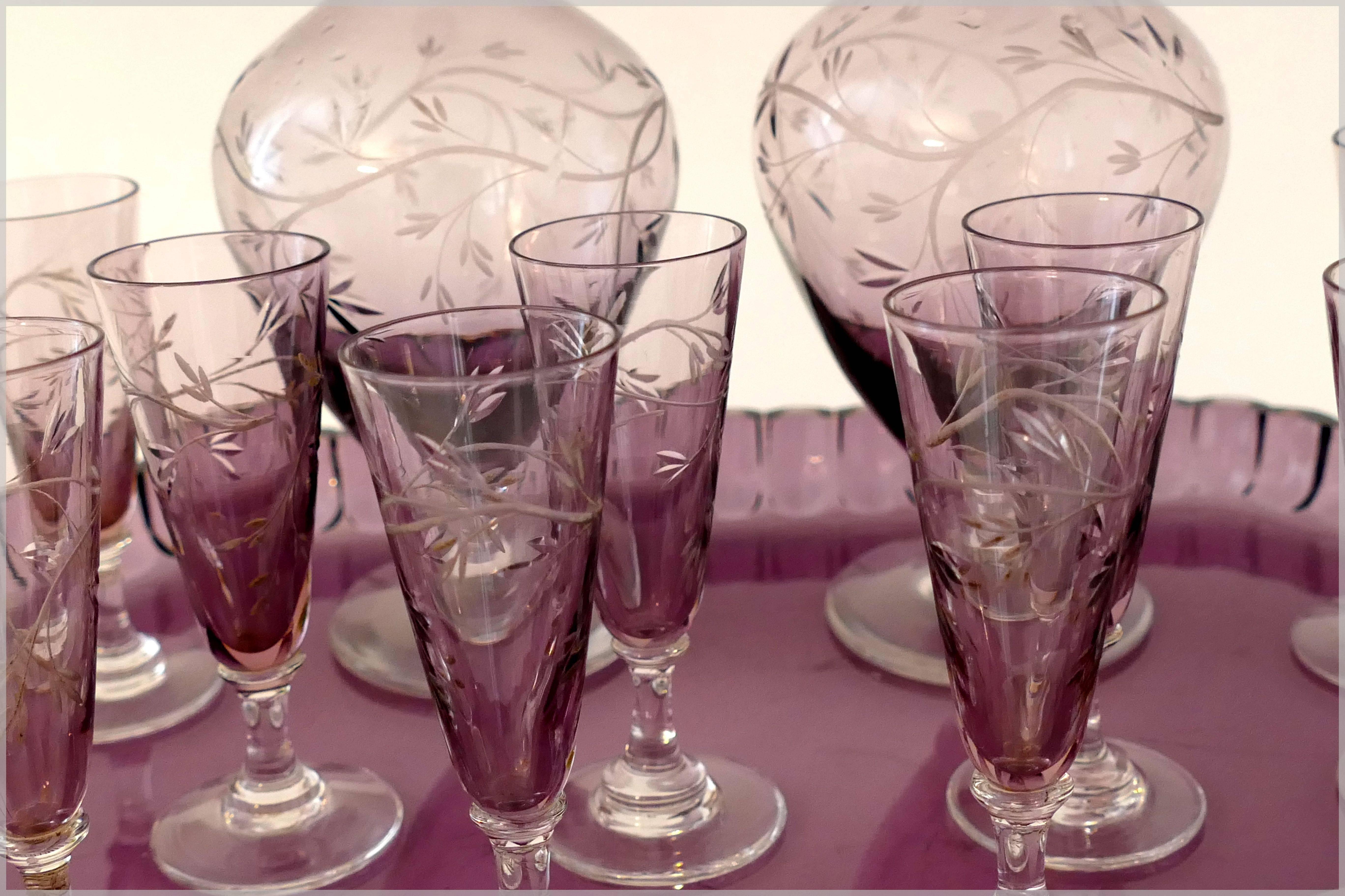 1900s Saint Louis Amethyst Cut Crystal Liquor Set Decanters Cordials and Tray 2
